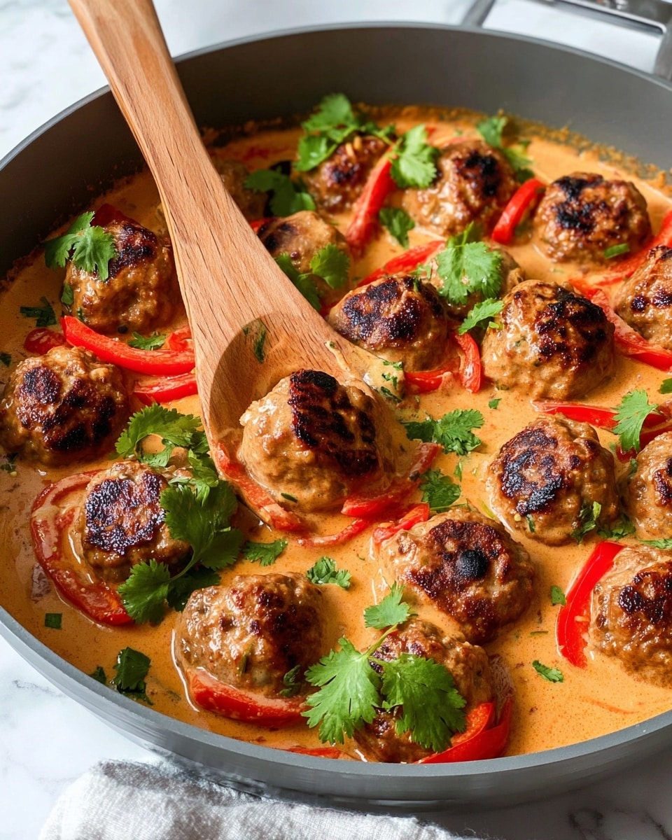 A gray pan filled with about sixteen browned meatballs partly covered in a rich, creamy orange sauce, with visible char marks on some meatballs. There are sliced red bell pepper strips and scattered green cilantro leaves floating on top. A wooden spatula is lifting one meatball on the right side, resting on the pan edge. The pan sits on a white marbled surface. photo taken with an iphone --ar 4:5 --v 7