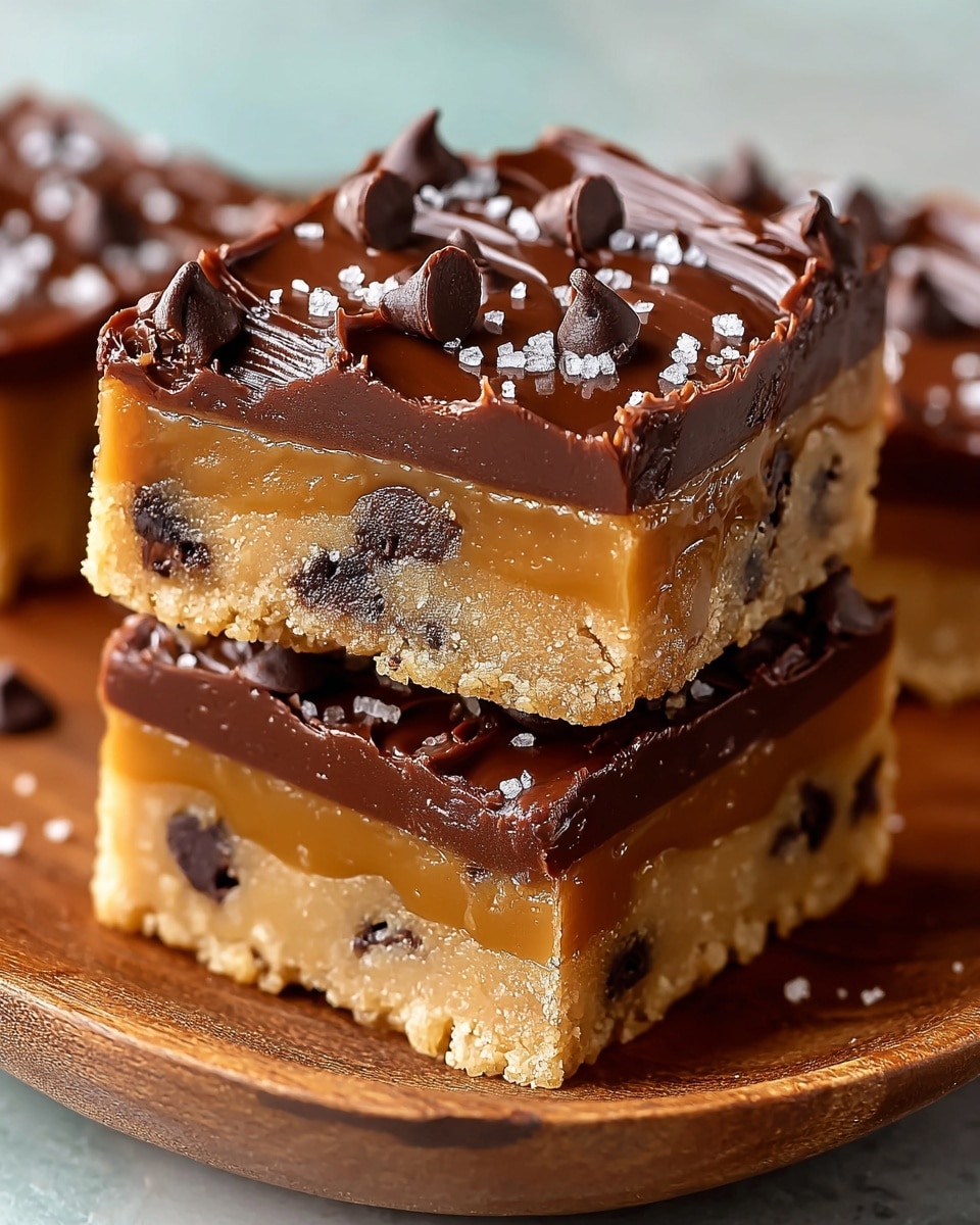The image shows two stacked dessert bars on a wooden plate with a white marbled texture background. Each bar has three clear layers: the bottom layer is a light tan cookie dough with visible dark chocolate chips spread throughout; the middle layer is a smooth, shiny golden caramel that looks thick and rich; the top layer is a dark chocolate ganache, glossy and spread evenly, with several small chocolate chips and coarse sea salt sprinkled on top, adding texture and shine. The top bar's chocolate ganache has soft swirls and peaks, making it look freshly spread and inviting. Photo taken with an iphone --ar 4:5 --v 7