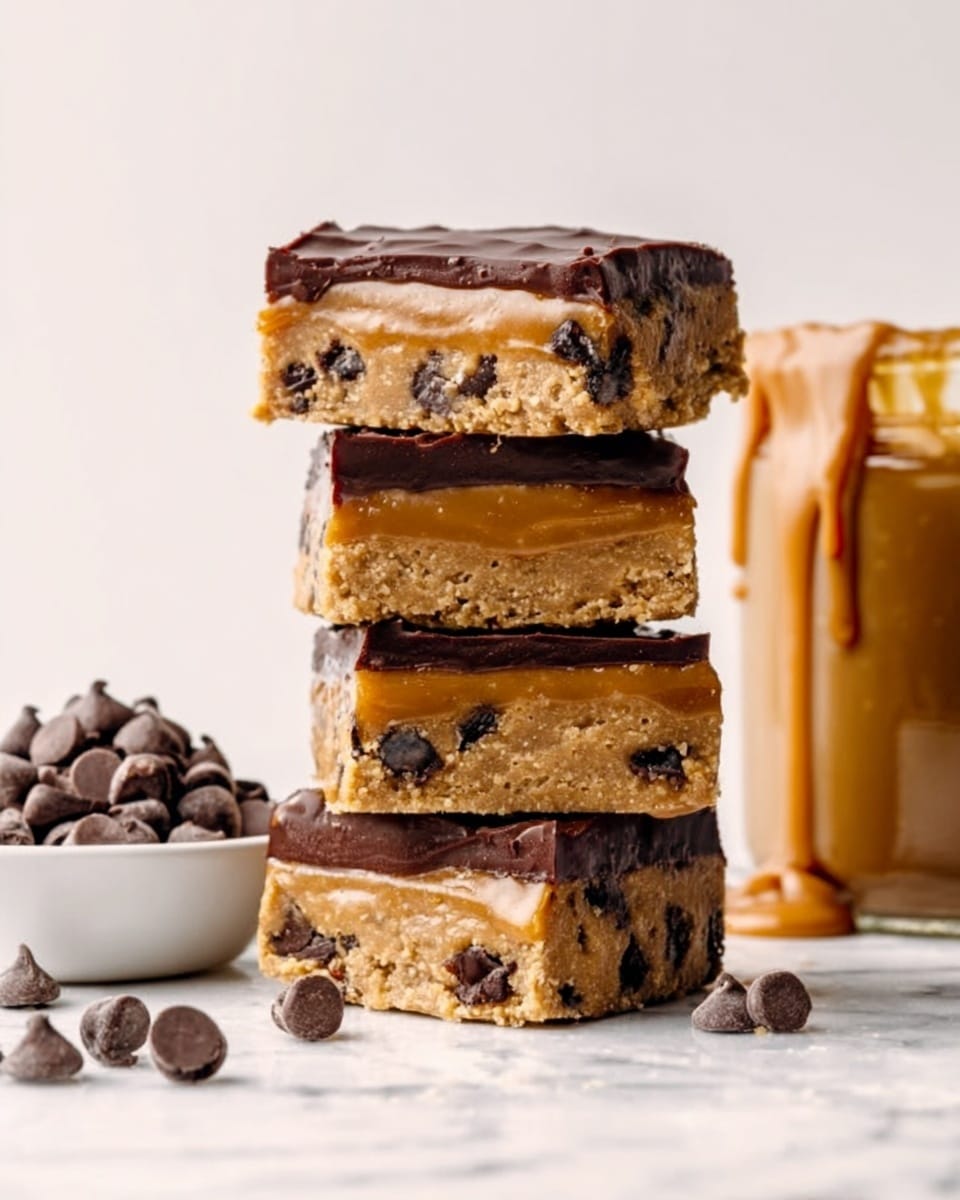 The image shows a stack of four thick dessert bars placed one on top of another against a plain white background. Each bar has three layers: the bottom layer is a light brown cookie dough with visible dark chocolate chips and chunks; the middle layer is smooth, shiny caramel in a golden amber color; the top layer is a glossy dark chocolate glaze with a rich, deep brown color. To the left of the stack, there is a small white bowl filled with loose dark chocolate chips. To the right, there is a glass jar filled with creamy caramel sauce, partially out of focus, with some caramel dripping on the side. The surface is a white marbled texture. photo taken with an iphone --ar 4:5 --v 7