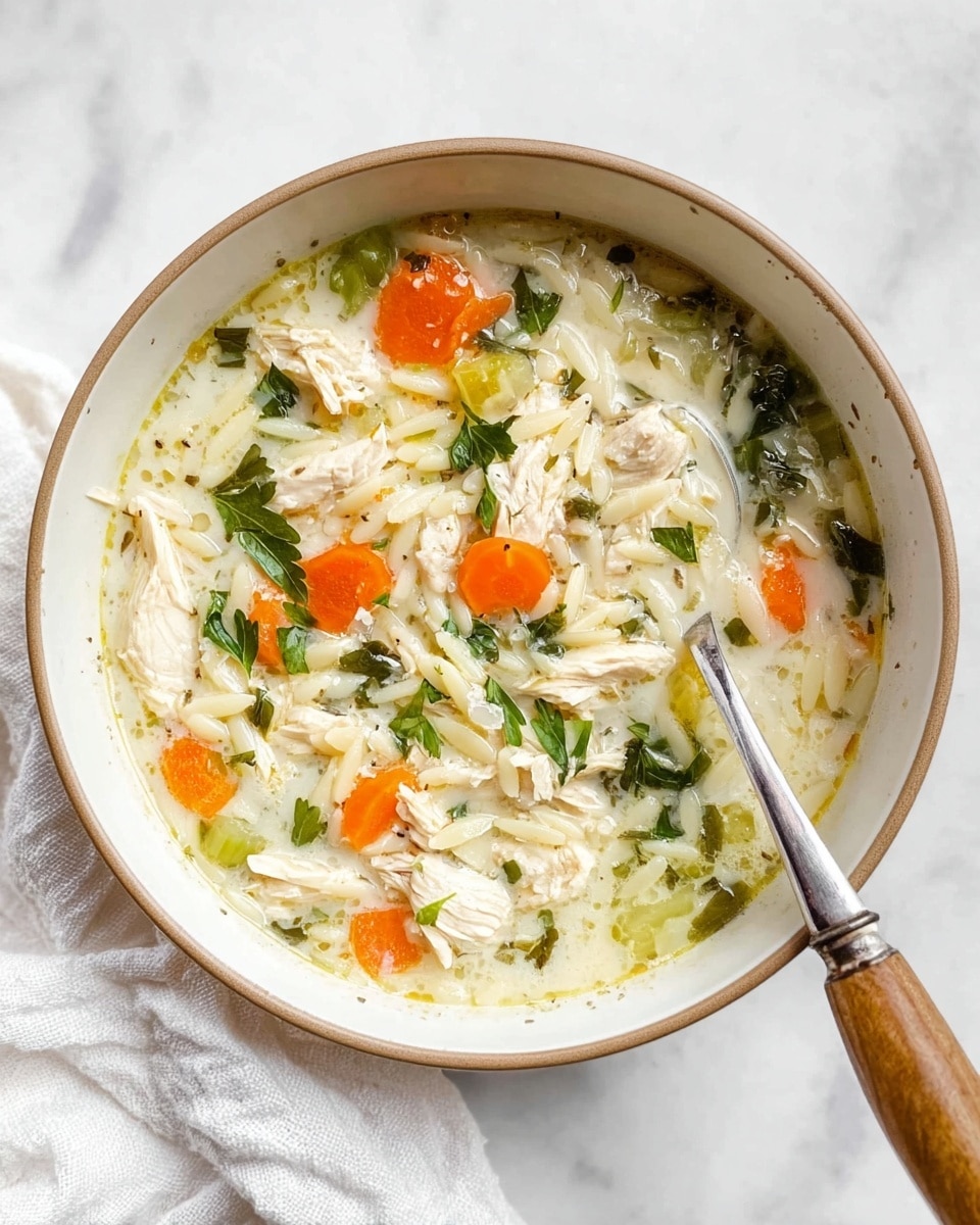 A white bowl with a light brown rim holds a creamy chicken soup filled with layers including white orzo pasta scattered throughout, chunky pieces of white cooked chicken breast, sliced bright orange carrots, and small pieces of green celery and leafy herbs mixed in the light creamy broth. A silver spoon with a wooden handle rests inside the bowl on the right side. The bowl sits on a light textured white marbled surface with a white cloth slightly visible below the bowl. Photo taken with an iphone --ar 4:5 --v 7