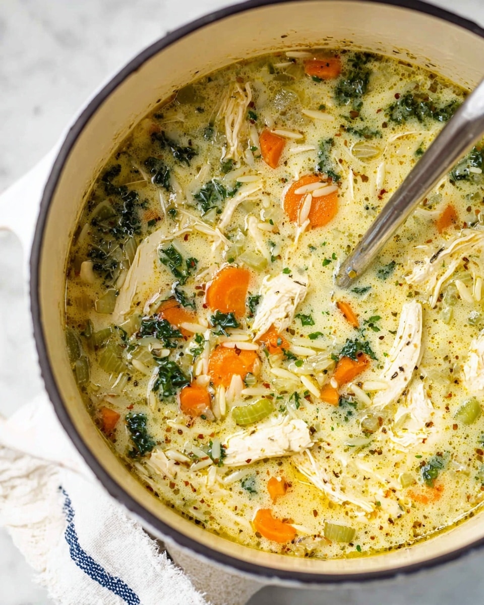 A close-up of a white enamel pot filled with creamy chicken soup, showing distinct layers of shredded white chicken pieces, orange carrot slices, green celery chunks, small bits of leafy kale, and orzo pasta in a light yellow creamy broth speckled with herbs and spices. A silver ladle rests inside the pot, partially submerged, with the handle leaning on the pot's edge. The background is a white marbled texture with a folded white and blue striped cloth near the pot's handle. Photo taken with an iphone --ar 4:5 --v 7