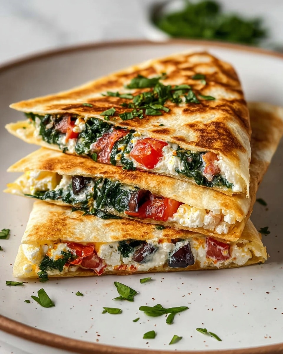 The image shows three triangular quesadilla slices stacked on a white plate with a brown rim, placed on a white marbled surface. Each slice has a golden-brown, slightly charred, crispy outer layer with visible grill marks. Inside the quesadilla, there are three distinct layers: a creamy white cheese layer, a dark green spinach layer, and small pieces of a red roasted tomato layer. Some melted cheese is stretching out from the middle slice, and the quesadillas are garnished with finely chopped green herbs. In the background, there are some whole cherry tomatoes and a small white bowl with a creamy white dip. Photo taken with an iphone --ar 4:5 --v 7
