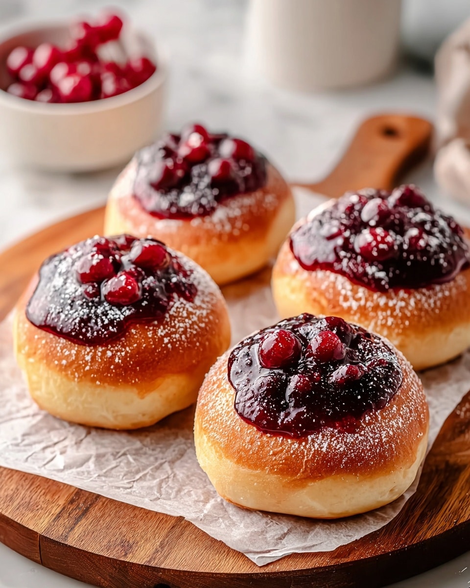 The image shows four round golden-brown buns placed on a piece of parchment paper over a wooden board. Each bun has one thick layer of dark red berry jam on top, with a few whole berries nestled into the jam. The jam is glossy and looks fresh, and light white powdered sugar is sprinkled over the jam and buns, adding a soft texture. In the background, a small white bowl holds more red berries. The surface under the wooden board is a white marbled texture. photo taken with an iphone --ar 4:5 --v 7