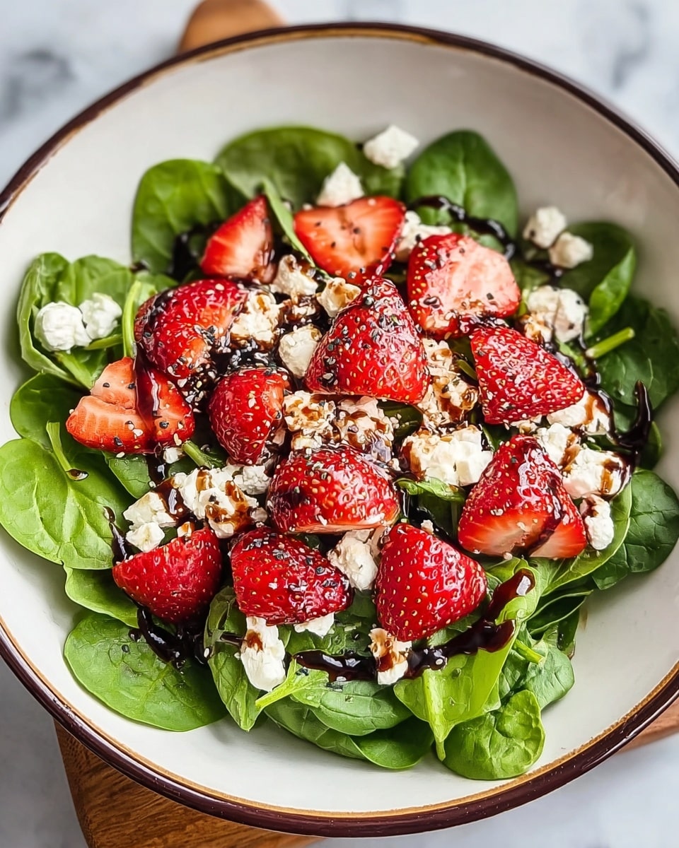 A bowl with a layer of fresh green spinach leaves at the base, topped with bright red sliced strawberries scattered evenly. Over the strawberries and spinach, there are small white chunks of soft cheese spread throughout. The salad is finished with a drizzle of dark brown balsamic glaze and sprinkled with tiny black seeds. The bowl is white with a dark brown rim, placed on a white marbled surface. photo taken with an iphone --ar 4:5 --v 7