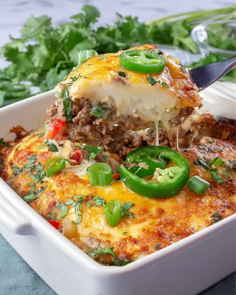 A close-up of a cheesy baked dish in a white square ceramic dish, showing a fork lifting one layered scoop. The dish has three visible layers: the bottom is a creamy white sauce, the middle is a mix of cooked ground meat and small pieces of red and green vegetables, and the top is a thick layer of melted golden-brown cheese. On top of the cheese are fresh green herb leaves and slices of green jalapeño, with some chopped green onions scattered for garnish. The white ceramic dish sits on a white marbled textured surface with fresh green herbs in the background. Photo taken with an iphone --ar 4:5 --v 7