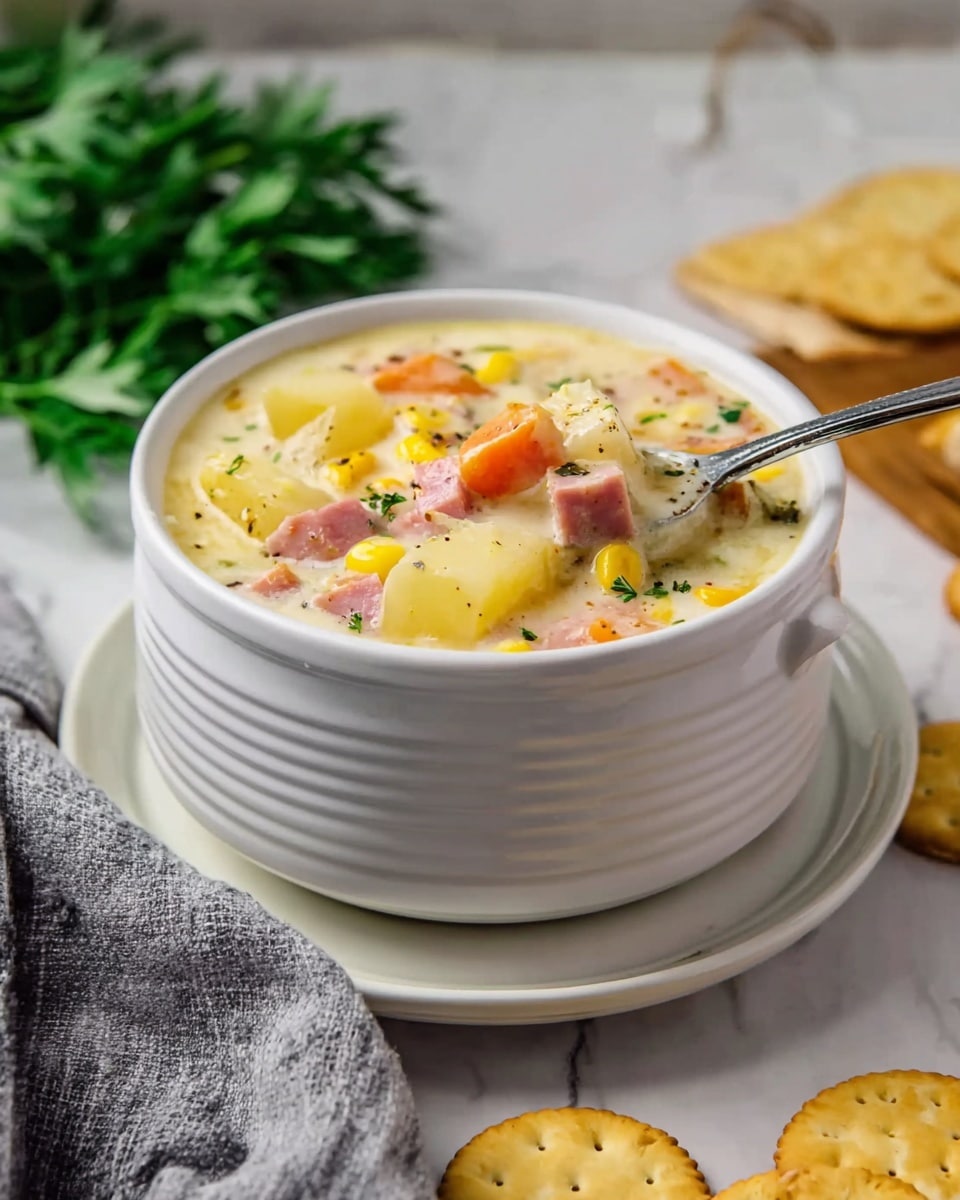 A white ribbed bowl filled with thick creamy soup that has visible chunks of yellow potatoes, pink ham, orange carrots, yellow corn, and green herbs. A silver spoon rests inside the bowl, lifting some soup showing the layers of potatoes, ham, and carrots with small specks of black pepper. The bowl is placed on a matching white saucer, on a white marbled surface with scattered round light yellow crackers around it. A gray cloth is softly folded beside the bowl. In the background, there is a blurred bunch of green leafy herbs. photo taken with an iphone --ar 4:5 --v 7