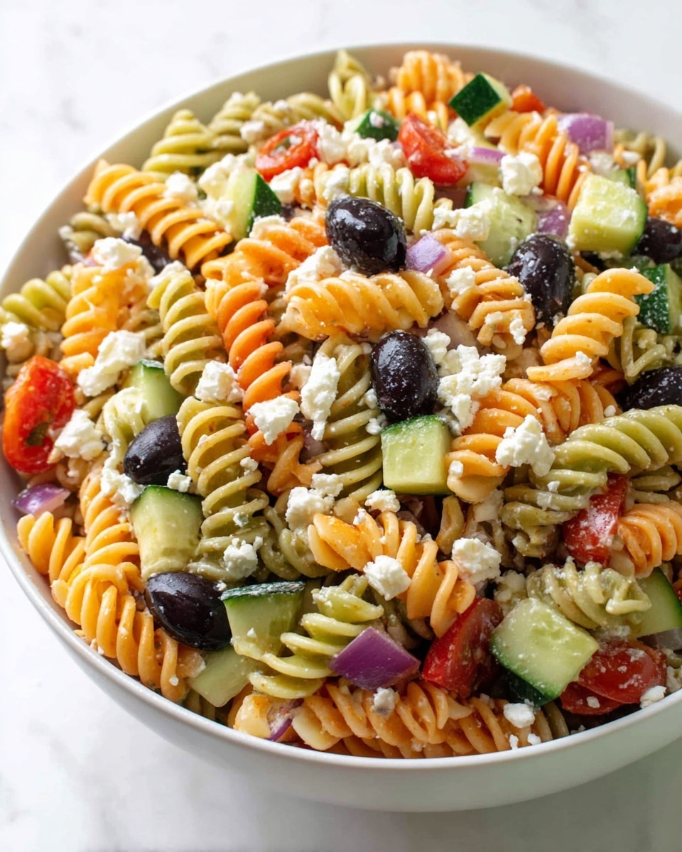 A white bowl filled with a colorful pasta salad featuring three layers of spiral rotini pasta in orange, green, and beige shades spread evenly throughout. Mixed in are small chunks of bright green cucumber, slices of black olives, finely diced red onion, and pieces of red tomato, all scattered evenly on the pasta. Crumbled white feta cheese is sprinkled generously on top, adding a soft, crumbly texture contrasting with the firm vegetables and pasta. The bowl sits on a white marbled surface. photo taken with an iphone --ar 4:5 --v 7