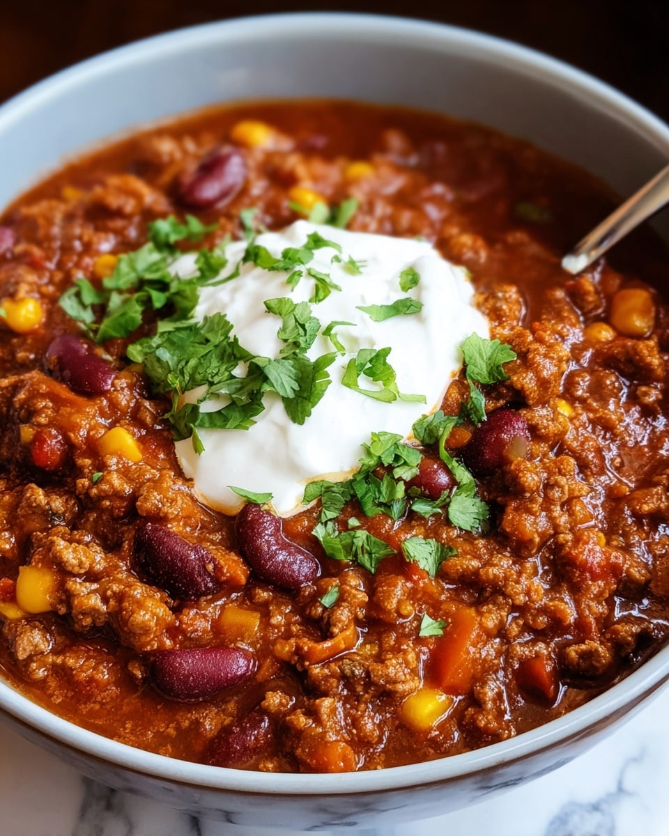 A close-up view of a thick chili stew in a white bowl with a spoon inside, showing a rich mix of reddish-brown ground meat, dark red kidney beans, and small yellow corn pieces in a slightly shiny sauce. On top, there is a dollop of smooth white sour cream and scattered bright green chopped cilantro leaves, giving a fresh look. The bowl rests on a white marbled surface, highlighting the warm, hearty colors of the chili. photo taken with an iphone --ar 4:5 --v 7