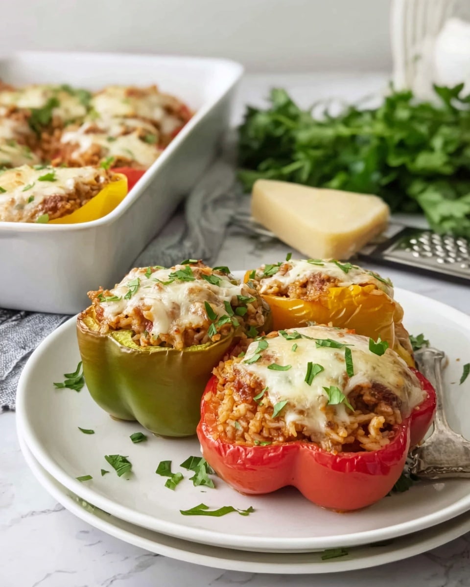 Three stuffed bell pepper halves sit on a white plate placed on a white marbled surface, filled with reddish-brown cooked rice mixed with small pieces of meat and topped with melted, creamy white cheese. The peppers are colorful with one red, one green, and one yellow, each showing a slightly wrinkled and roasted texture around the edges. Fresh chopped green herbs are sprinkled over the dish and plate for garnish. In the background, there is a white baking dish with more stuffed peppers and a metal grater with a block of pale yellow cheese next to a bunch of fresh parsley. Photo taken with an iphone --ar 4:5 --v 7
