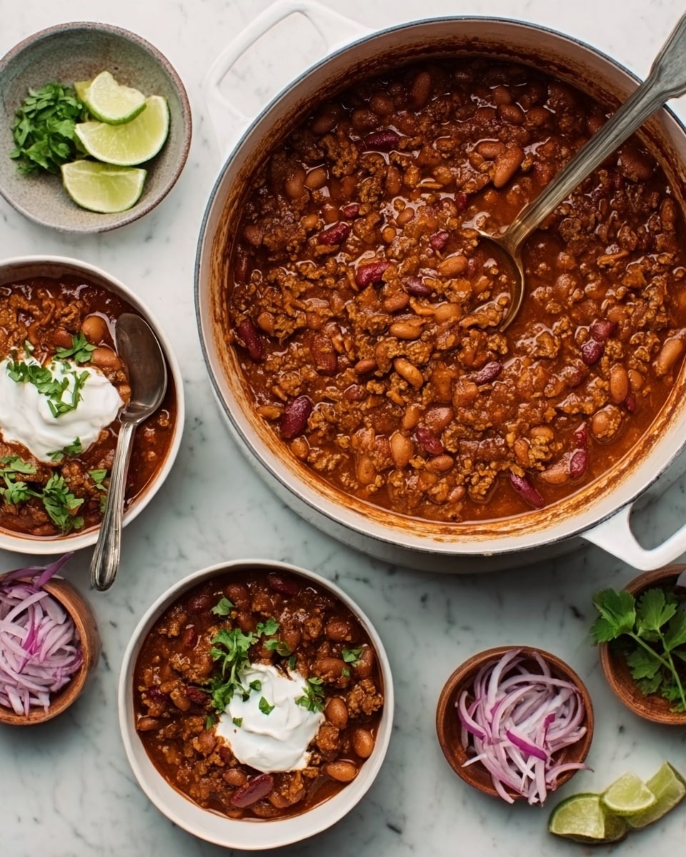 A large white pot filled with a rich, brown chili made of beans, ground meat, and spices, showing a thick and hearty texture with some visible chili peppers. Three white bowls around the pot each hold a serving of the chili, topped with a small dollop of white sour cream and fresh green herbs, sitting on a white marbled surface. Nearby, a small white bowl contains thinly sliced red onions, while another bowl holds lime wedges and a few more green herbs. The scene is cozy and inviting, focused on warm tones of the chili and cool white dishes. Photo taken with an iphone --ar 4:5 --v 7