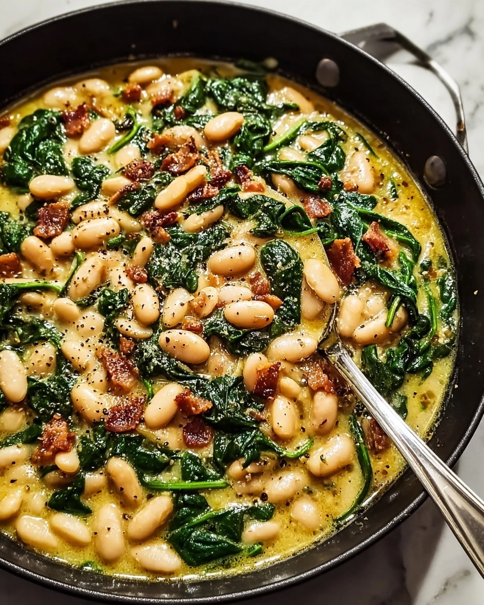 The image shows a black skillet filled with a thick, creamy dish made of white beans, wilted dark green spinach leaves, and small brown crispy pieces likely of bacon or pancetta, all mixed in a light yellowish sauce with visible specks of black pepper on top. The beans are plump and slightly shiny, scattered evenly throughout the dish, while the spinach pieces are soft and slightly glossy, sitting among the beans. The crispy brown bits add a textured contrast, sprinkled evenly and giving a slightly rough appearance. A silver spoon is partially submerged on the right side of the skillet. The skillet sits on a white marbled surface, adding a clean background to the warm, hearty dish. Photo taken with an iphone --ar 4:5 --v 7