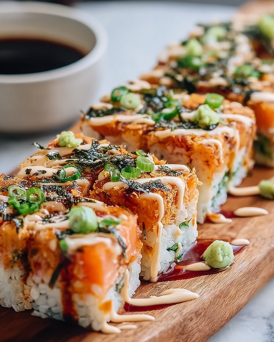 This image shows several thick rectangular sushi pieces arranged neatly on a wooden board with a white marbled texture underneath. Each piece has three main layers: the bottom layer is white sticky sushi rice, the middle layer is a light orange cooked salmon mix with a slightly rough texture, and the top layer is thin slices of fresh green avocado. The sushi is drizzled with a dark brown glossy sauce that looks sticky and sweet. It is finished with small black sesame seeds and finely chopped green onions sprinkled on top. In the background, a white bowl with light brown soy sauce is partially visible. photo taken with an iphone --ar 4:5 --v 7