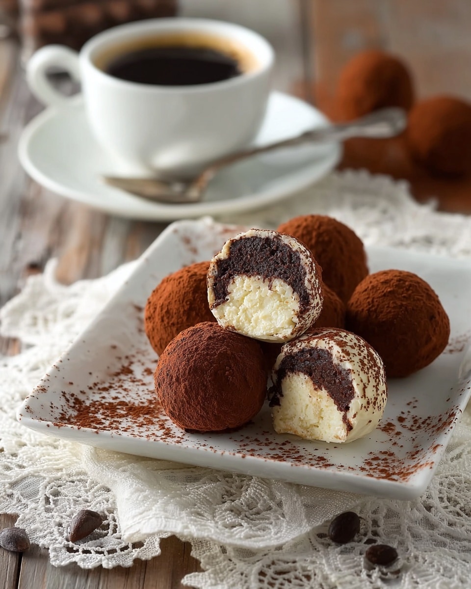 The image shows a white square plate holding seven round chocolate and cream truffles dusted with cocoa powder. Two of the truffles are cut in half, revealing a dark chocolate center surrounded by a thick white creamy layer inside, with the cocoa powder coating outside. The plate is placed on a white lace cloth set on a wooden table and has some cocoa powder scattered around the truffles. In the blurred background, there is a white cup filled with black coffee on a matching saucer, with a spoon resting beside it. photo taken with an iphone --ar 4:5 --v 7