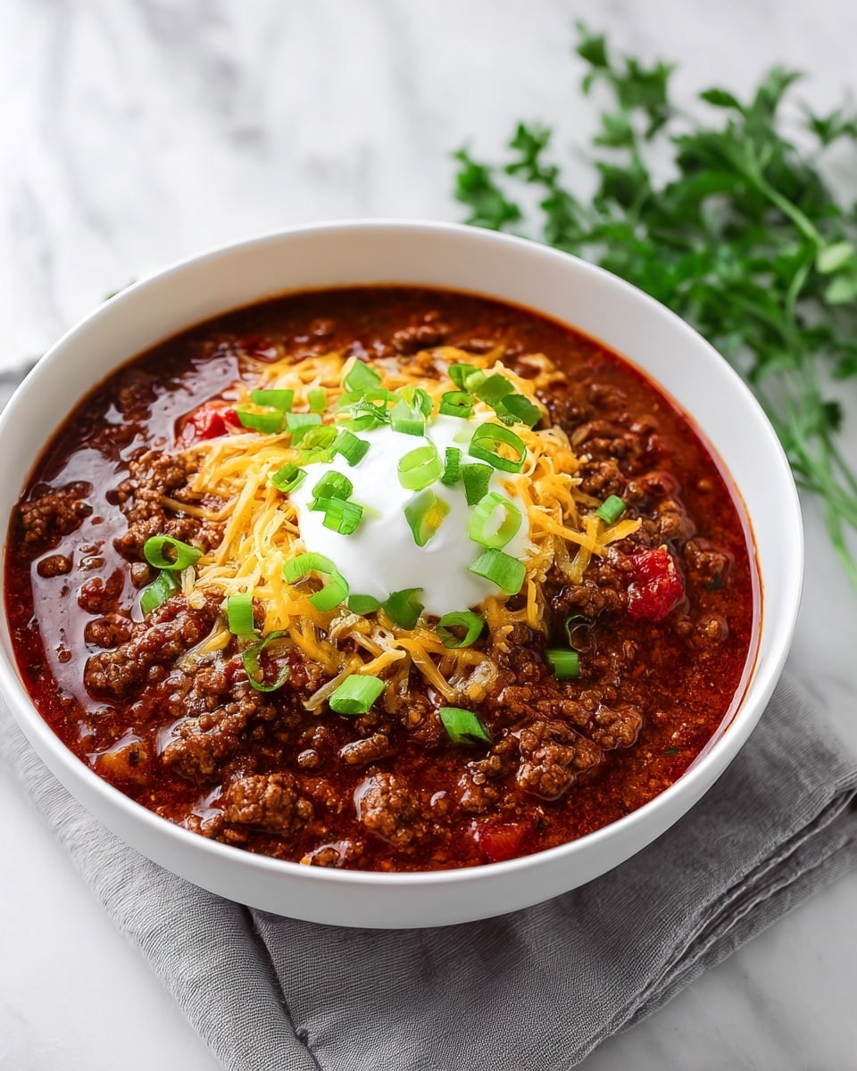 A close-up view of a white bowl filled with thick chili consisting of ground beef cooked in a rich, dark red-brown sauce with visible oil glistening on the surface. The chili has melted yellow cheese layered within, partially covered by the beef mixture, and is garnished with bright green chopped scallions sprinkled on top. A silver spoon is lifting a scoop of chili showing the layers clearly, with the beef’s coarse texture, melted cheese, and fresh scallions on top. The bowl sits on a white marbled surface. Photo taken with an iphone --ar 4:5 --v 7