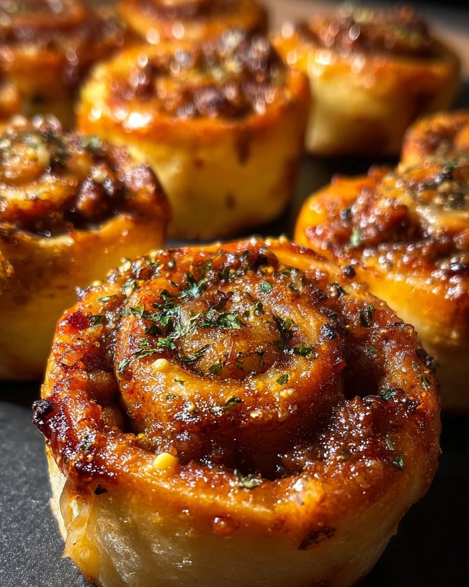 The image shows several small, round pizza rolls with a golden-brown crust. Each roll has multiple visible layers of soft dough in a spiral shape, with a mix of melted orange cheese and browned sausage pieces spread throughout. Some bits of green herbs are sprinkled on top, giving a fresh contrast to the rich colors. The rolls are placed closely together on a dark baking tray against a white marbled surface. The texture of the dough looks soft and fluffy with a slightly crisp outer edge. Photo taken with an iphone --ar 4:5 --v 7