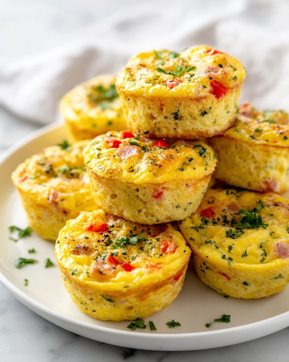 A white plate holds a stack of mini egg muffins, around two layers high, with a golden-yellow texture. Each muffin is speckled with small bits of green herbs, red bell peppers, and some light pink pieces that look like ham, giving a colorful, fresh look. The surface of the muffins is slightly shiny and fluffy, with a soft, cooked texture showing some browning around the edges. Small green herb pieces are scattered on the plate around the muffins. The plate sits on a white marbled surface, and the photo is bright and clear. photo taken with an iphone --ar 4:5 --v 7