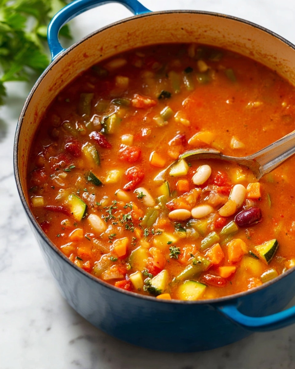 A bright blue pot filled with a thick, tomato-based vegetable soup on a white marbled surface, with visible layers of diced orange carrots, red kidney beans, white beans, small tubular pasta, green beans, celery, and chunks of red tomatoes. The soup has a rich, red-orange color with finely chopped green herbs sprinkled on top, and the rim of the pot shows some orange splashes. A sprig of fresh green parsley is placed beside the pot, and a soft white cloth is tucked behind it. photo taken with an iphone --ar 4:5 --v 7