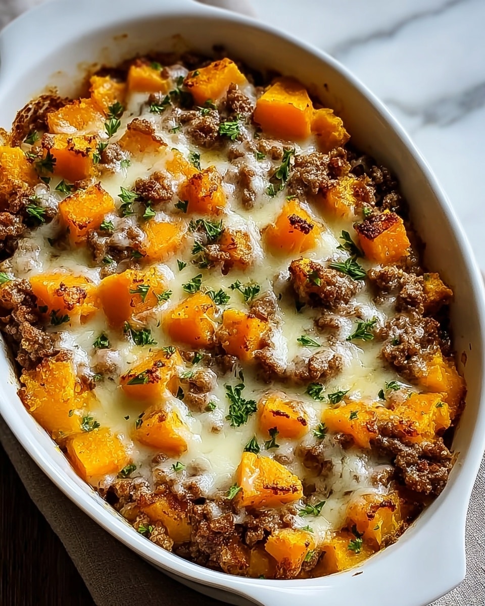 A white oval baking dish holds a baked casserole with two visible layers; the bottom layer has large chunks of bright orange butternut squash, evenly spread out, and the top layer is made of browned ground meat mixed with melted white cheese that stretches over the squash, all topped with a few small green parsley leaves scattered across. The dish sits on a white marbled textured surface. Photo taken with an iphone --ar 4:5 --v 7