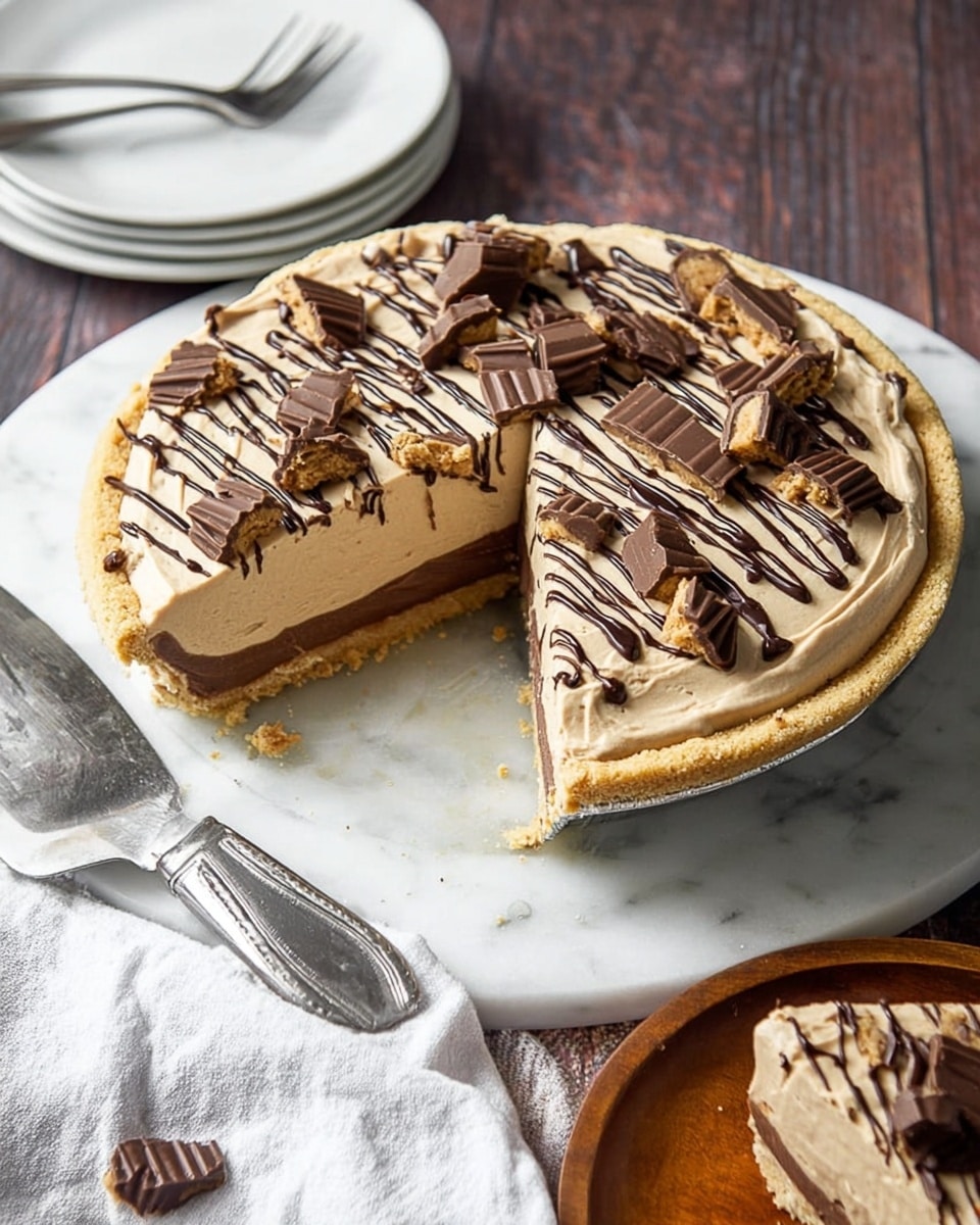 A pie with three clear layers sits on a white marbled surface: the bottom is a light golden crust, the middle is a smooth dark brown layer of chocolate, and the top is a thick, creamy light tan layer spread evenly. The top layer is decorated with pieces of small chocolate peanut butter cups and a crisscross drizzle of dark chocolate. One slice is missing, showing the inside layers clearly, and that slice is placed on a wooden plate next to the pie. A woman's hand holds a fork near the slice, and a silver pie server with a white cloth lies nearby. Photo taken with an iphone --ar 4:5 --v 7