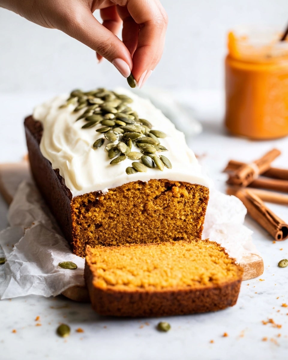 A rectangular orange-brown cake loaf with a moist and dense texture is shown on white parchment paper over a wooden board placed on a white marbled surface. The cake is topped with a thick layer of white cream cheese frosting that has a slightly wavy texture, and a neat row of green pumpkin seeds is placed down the center on the frosting. One slice is cut from the loaf and placed in the foreground, showing the soft inside and a bit of frosting with pumpkin seeds on it. In the background, there is an orange jar with a spoon, blurred but adding a warm tone. Some cinnamon sticks and star anise pieces are scattered around the board adding a cozy touch. Photo taken with an iphone --ar 4:5 --v 7