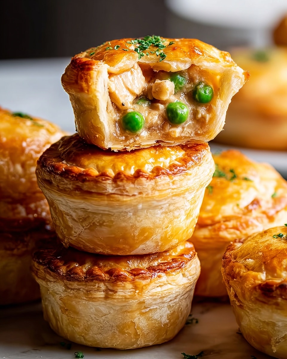 The image shows several golden brown mini pies stacked on each other on a white marbled surface. One pie at the top is partially broken to show its inside, which has three layers: the outer layer is a flaky, golden crust with a shiny surface and tiny parsley pieces on top, the middle layer contains small green peas, and the innermost layer reveals chunks of light beige chicken in a creamy sauce. The texture of the crust appears crisp and layered, giving a rich, inviting look. Photo taken with an iphone --ar 4:5 --v 7