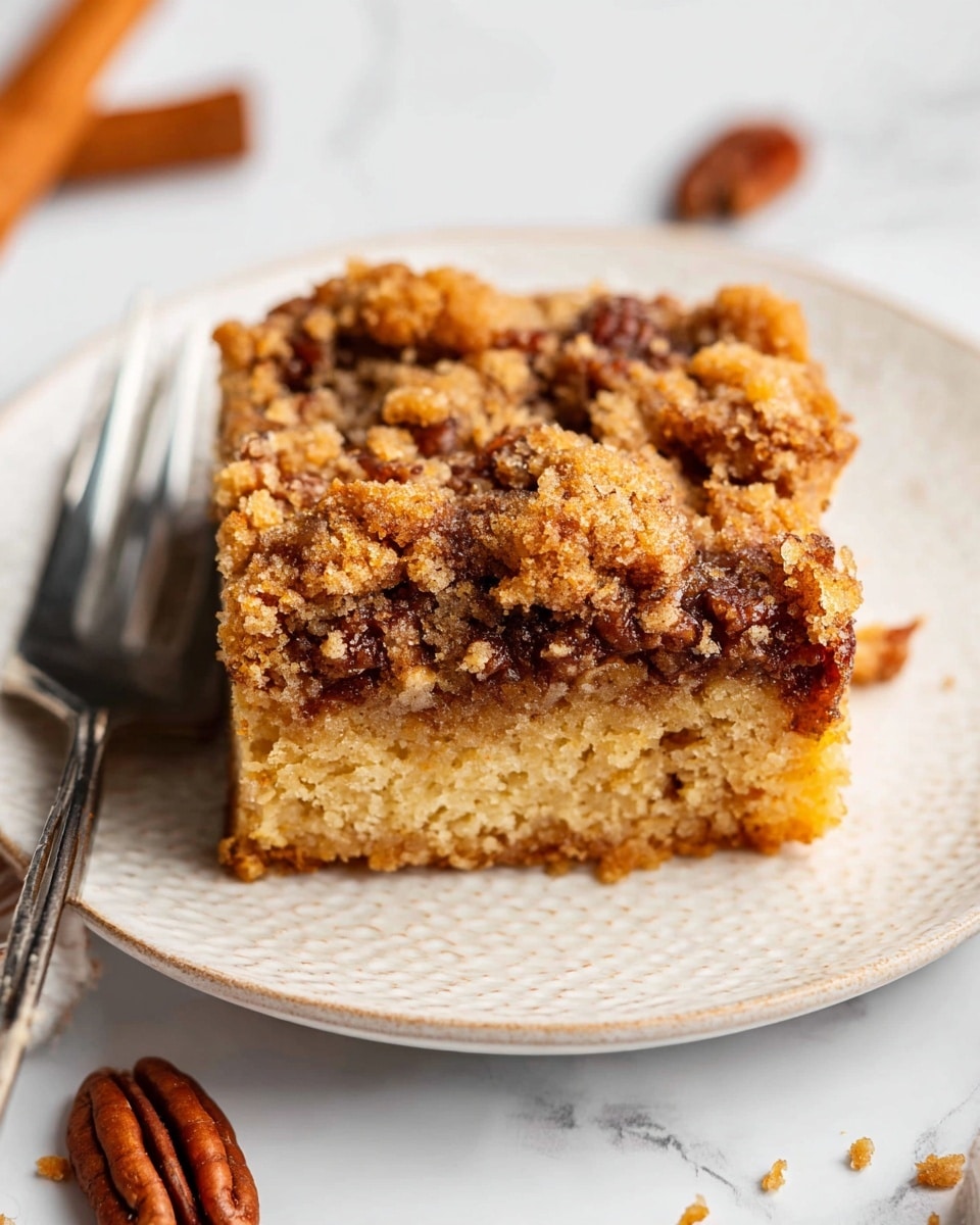 A single square piece of crumb cake sits on a white plate with a textured, golden-brown top layer made of crumbly streusel mixed with pecan halves. Below the streusel topping is a soft, moist cake layer with a light golden color. The cake is thick and slightly uneven in texture, showing a blend of crumb and cake. The plate rests on a white marbled surface with a silver fork positioned behind the cake. In the background, two cinnamon sticks and additional pecan pieces lie scattered on the white marbled surface. Photo taken with an iphone --ar 4:5 --v 7
