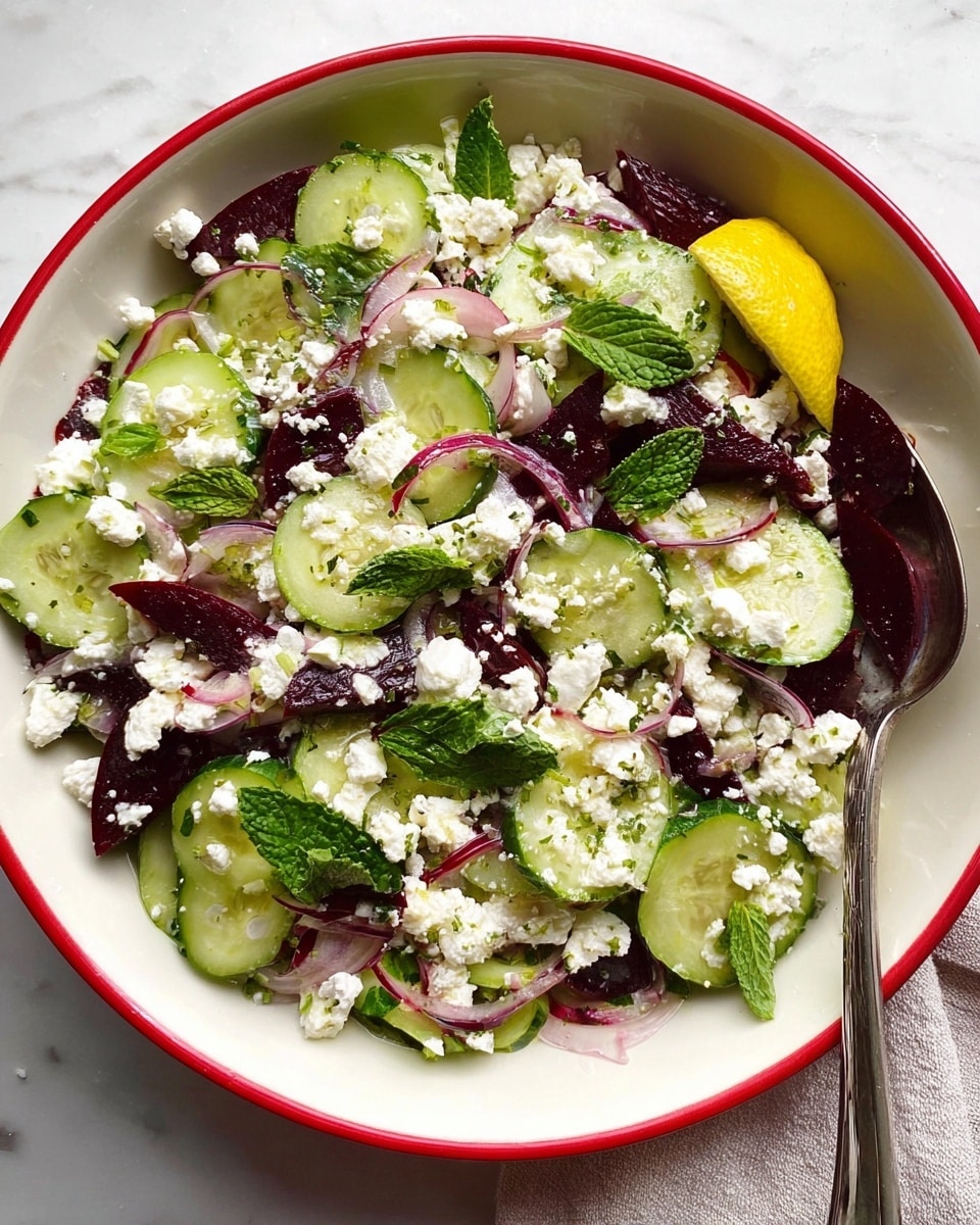 A fresh salad in a white bowl with a thin red rim, placed on a white marbled surface with a cloth underneath. The salad has several layers: a base of thinly sliced green cucumbers with slightly darker edges, mixed with small pieces of dark red beetroot chunks scattered evenly. On top of that, thin strands of light purple onion are spread around. The next layer features crumbly white cheese, generously sprinkled all over the salad. Bright green mint leaves add a fresh touch, and everything is lightly drizzled with golden olive oil, with some black pepper sprinkled across. Photo taken with an iphone --ar 4:5 --v 7