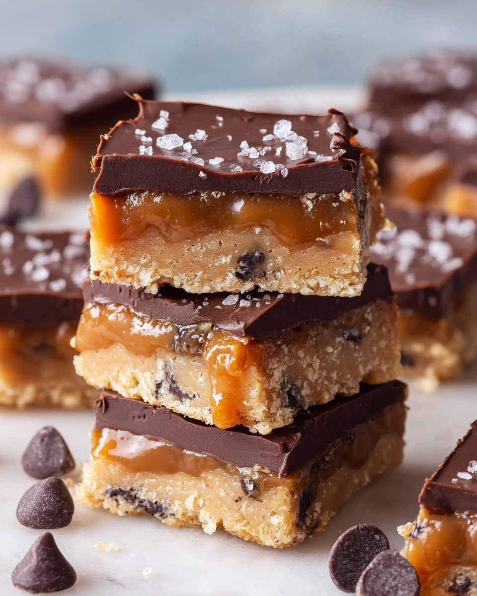 The image shows a close-up of three stacked dessert bars, each with three distinct layers. The bottom layer is a light tan, crumbly base mixed with small dark chocolate bits. The middle layer is a glossy, thick caramel with a rich amber color, slightly oozing at the edges. The top layer is a dark smooth chocolate coating sprinkled with coarse white salt flakes. In the background, more bars and scattered dark chocolate chips are visible on a white marbled surface. photo taken with an iphone --ar 4:5 --v 7