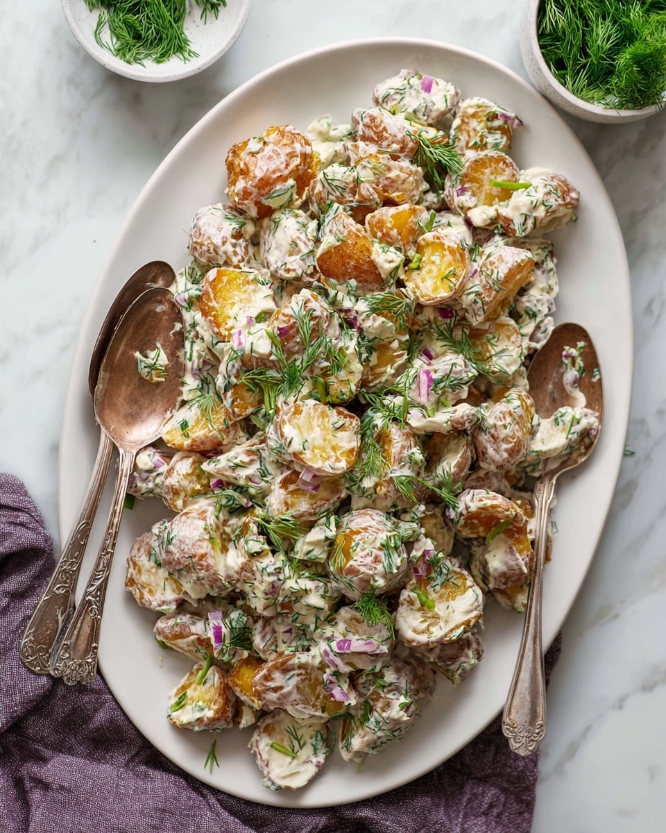 A white speckled bowl filled with a creamy potato salad made of roughly cut golden-brown potato slices mixed with a light pinkish creamy dressing that has small bits of diced red onion and herbs. Bright green chives and dill are sprinkled generously on top and throughout the potato pieces, adding fresh color and texture. The bowl is placed on a soft dark purple cloth, with a white marbled surface underneath, and a larger white dish with more of the same potato salad sits slightly out of focus in the background, with two metal serving spoons resting on its edge. Photo taken with an iphone --ar 4:5 --v 7