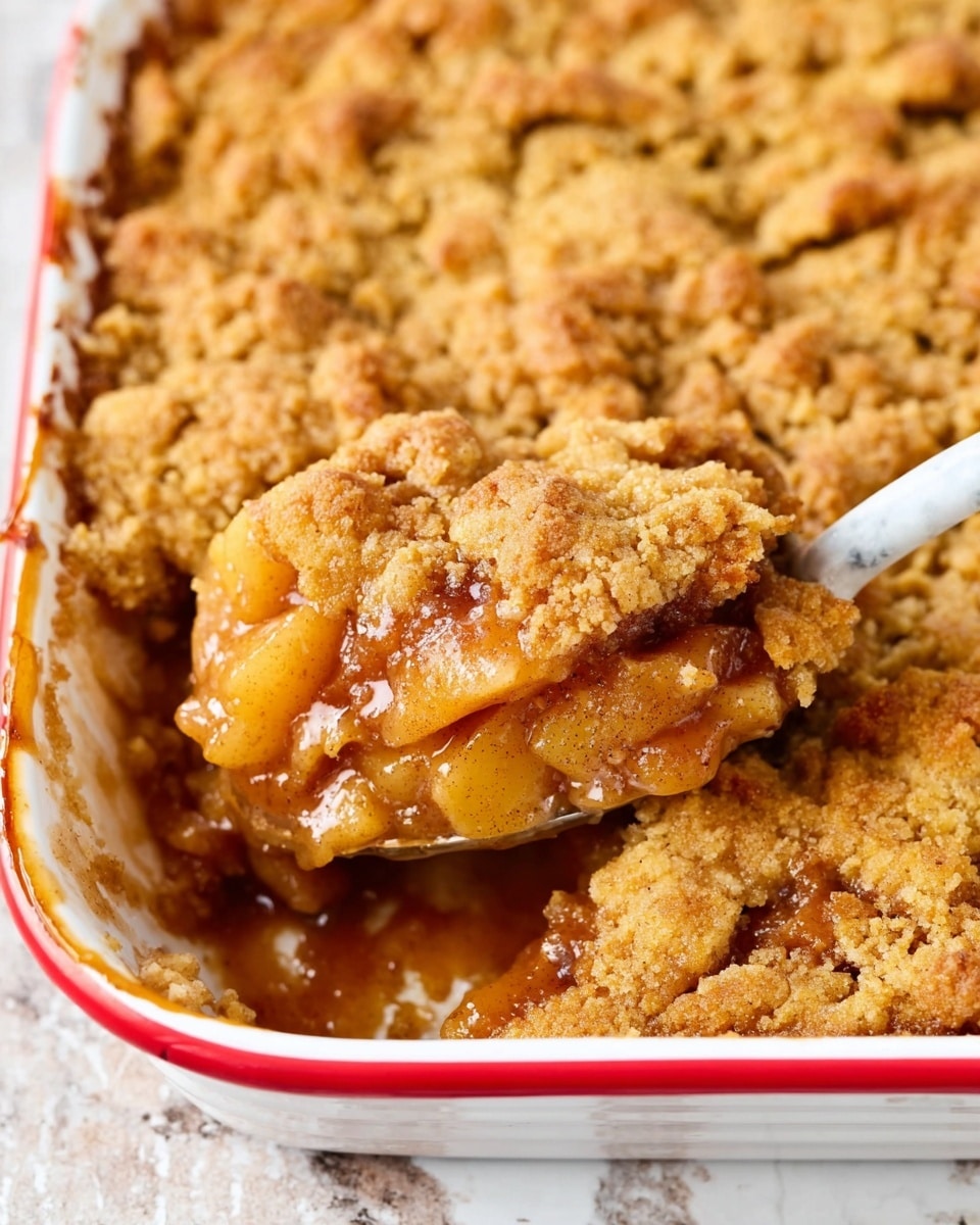 The image shows a close-up of a warm dessert in a white baking dish with a red rim. The dish has a golden-brown crumbly topping with a rough texture. Below the topping is a slightly gooey, soft layer filled with cooked apples that look shiny and syrupy with a light amber color. A white marbled spoon is scooping out a portion, revealing the thick and juicy apple filling underneath. The dessert sits on a white marbled surface. Photo taken with an iphone --ar 4:5 --v 7