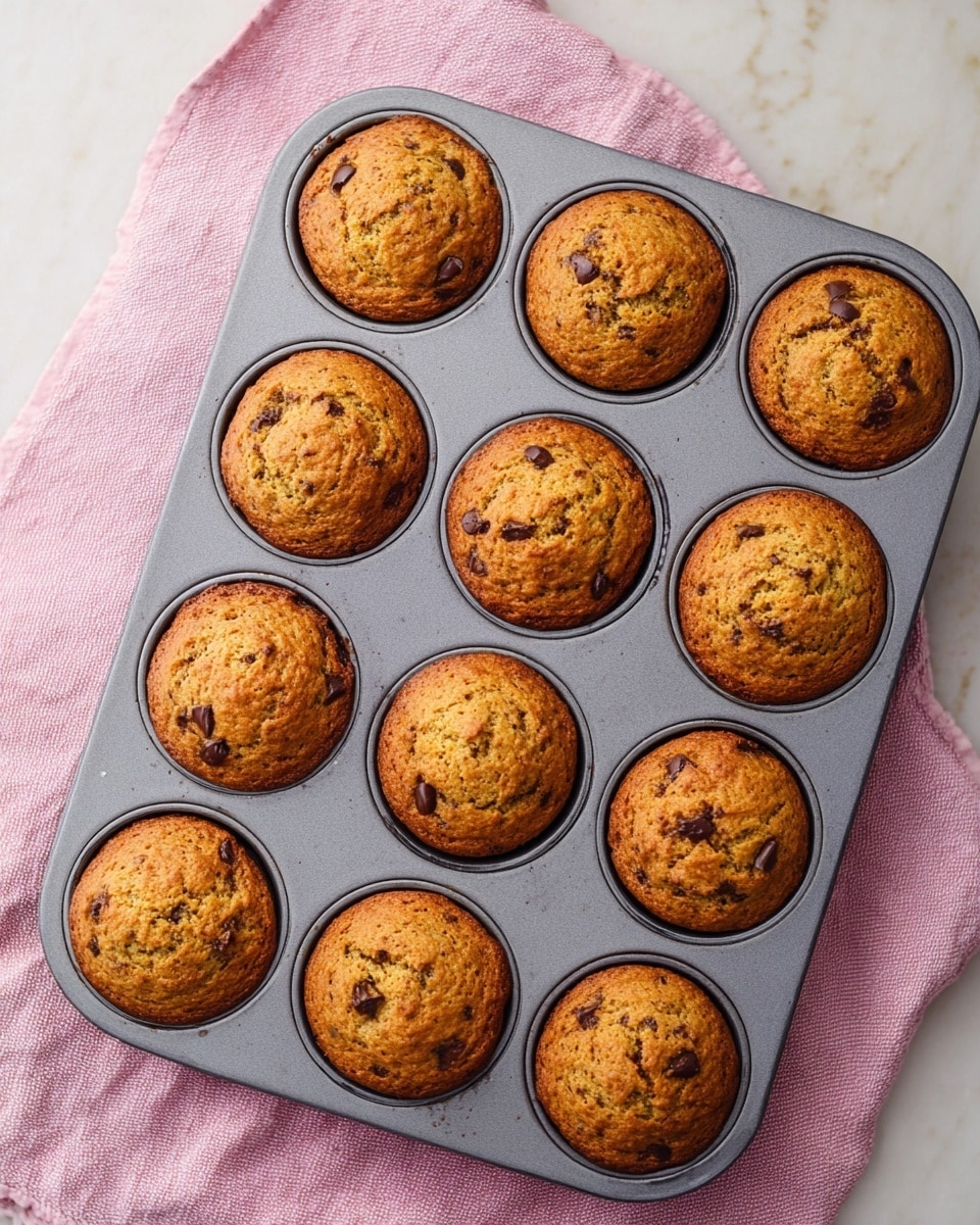 Twelve golden-brown muffins with slightly cracked tops sit in a gray metal muffin pan. Each muffin has a textured surface with small dark chocolate chips visible throughout, adding spots of deep brown against the warm, golden crust. The pan rests on a soft pink cloth that adds a gentle color contrast. The scene is set on a white marbled surface with light gray veins, providing a clean and bright background. photo taken with an iphone --ar 4:5 --v 7