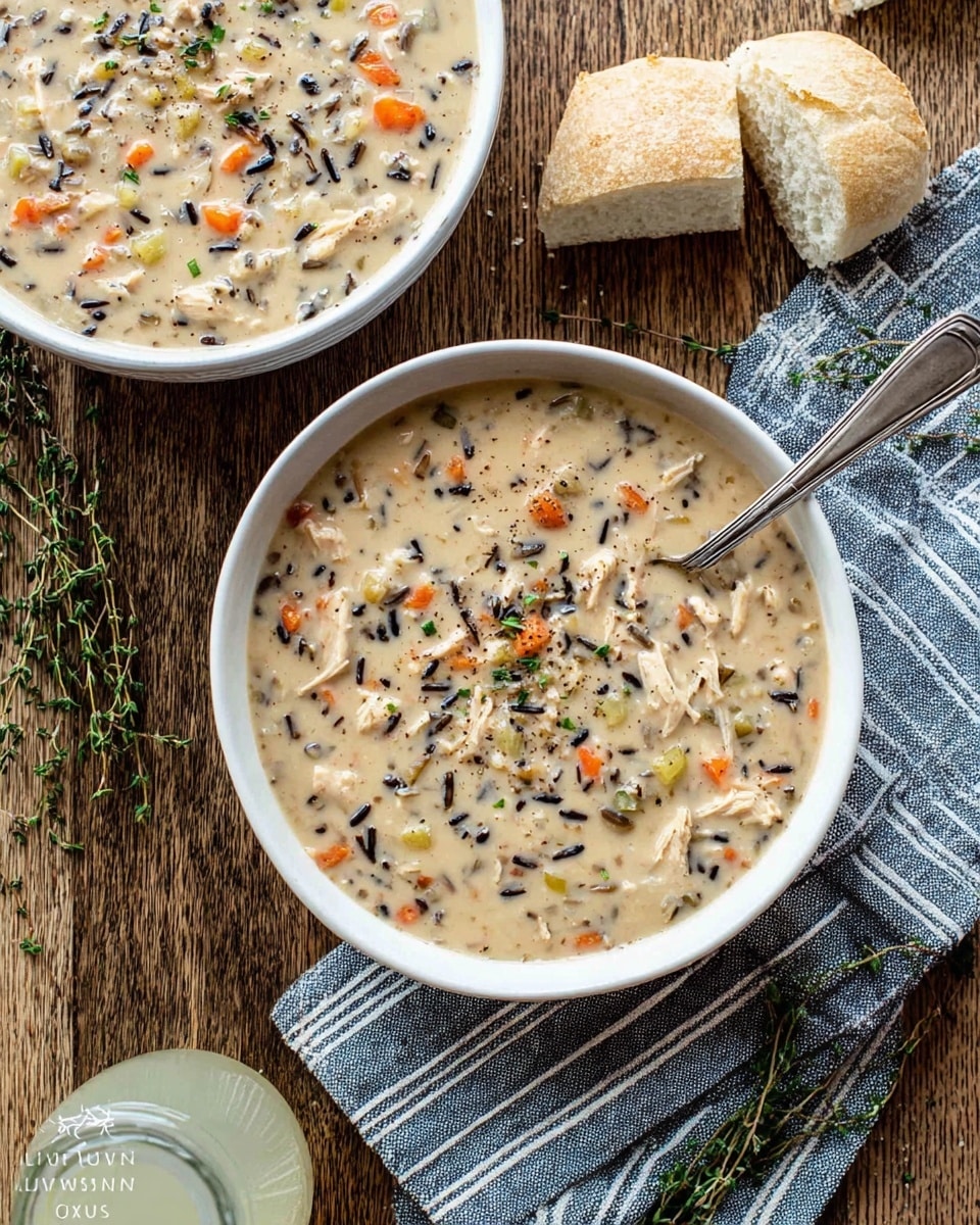 A thick and creamy soup in a blue pot with a light yellow inside, filled with visible small chunks of carrots, celery, and pieces of chicken mixed with wild rice, all in a beige creamy broth. Fresh green herbs like rosemary and thyme are scattered on top, with a wooden spoon resting inside the pot partially covered by the soup. The pot is set on a dark wooden surface with a gray cloth nearby. photo taken with an iphone --ar 4:5 --v 7