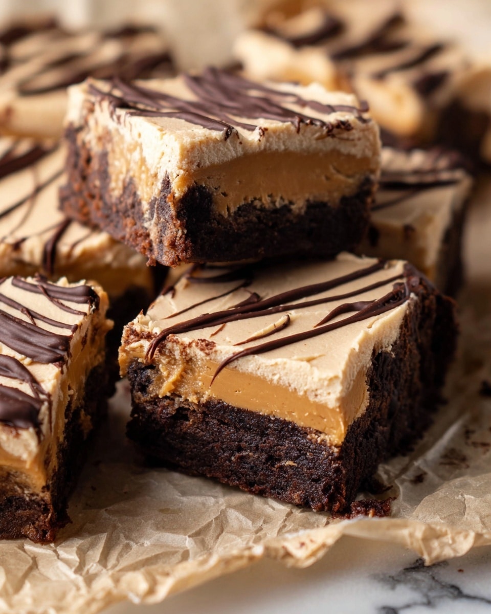 A square dessert cut into sixteen pieces sits on crinkled brown parchment paper over a white marbled surface. Each piece has two layers, a dark brown base topped with a light tan, creamy layer spread thickly and smoothly. The top creamy layer is decorated with irregular thin dark chocolate drizzles going in various directions, with some pieces showing small clusters of thick dark chocolate dollops. The edges of the dessert are uneven and rustic. Photo taken with an iphone --ar 4:5 --v 7