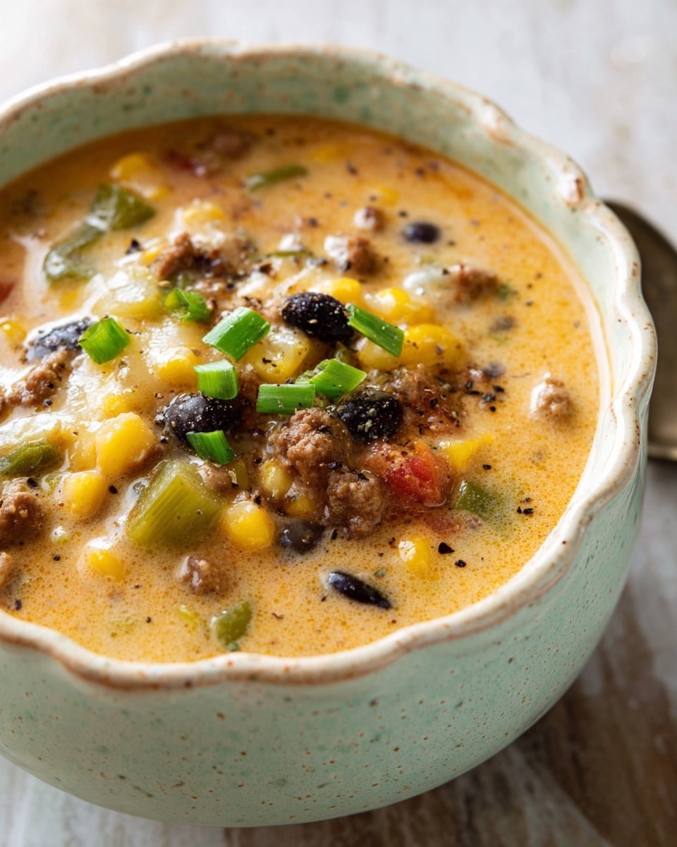 The dish is a creamy soup in a speckled light blue bowl with a wavy edge, filled with visible layers of ingredients including soft yellow corn kernels, orange carrot pieces, dark black beans, small green onion slices scattered on top, and bits of cooked ground meat mixed throughout the creamy light orange broth. The soup has a thick texture with melted cheese visibly blending in. The bowl sits on a white marbled surface, and blurred in the background is a similar blue bowl holding light tan crackers. A spoon is partially visible in the distance. Photo taken with an iphone --ar 4:5 --v 7