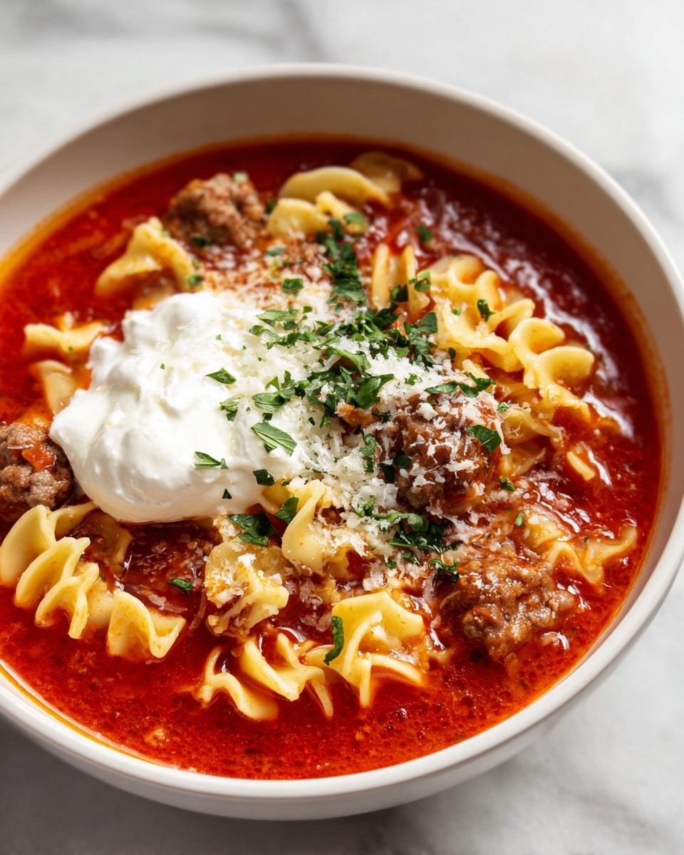 A white bowl filled with three clear layers: at the bottom, a bright red tomato soup with a smooth, slightly oily texture; in the middle, broken pieces of curly-edged, pale yellow lasagna noodles mixed with small browned sausage chunks; on top, a dollop of white, creamy ricotta cheese on the left and a light sprinkle of fresh chopped green herbs and grated cheese scattered around. The bowl is set on a white marbled surface. photo taken with an iphone --ar 4:5 --v 7