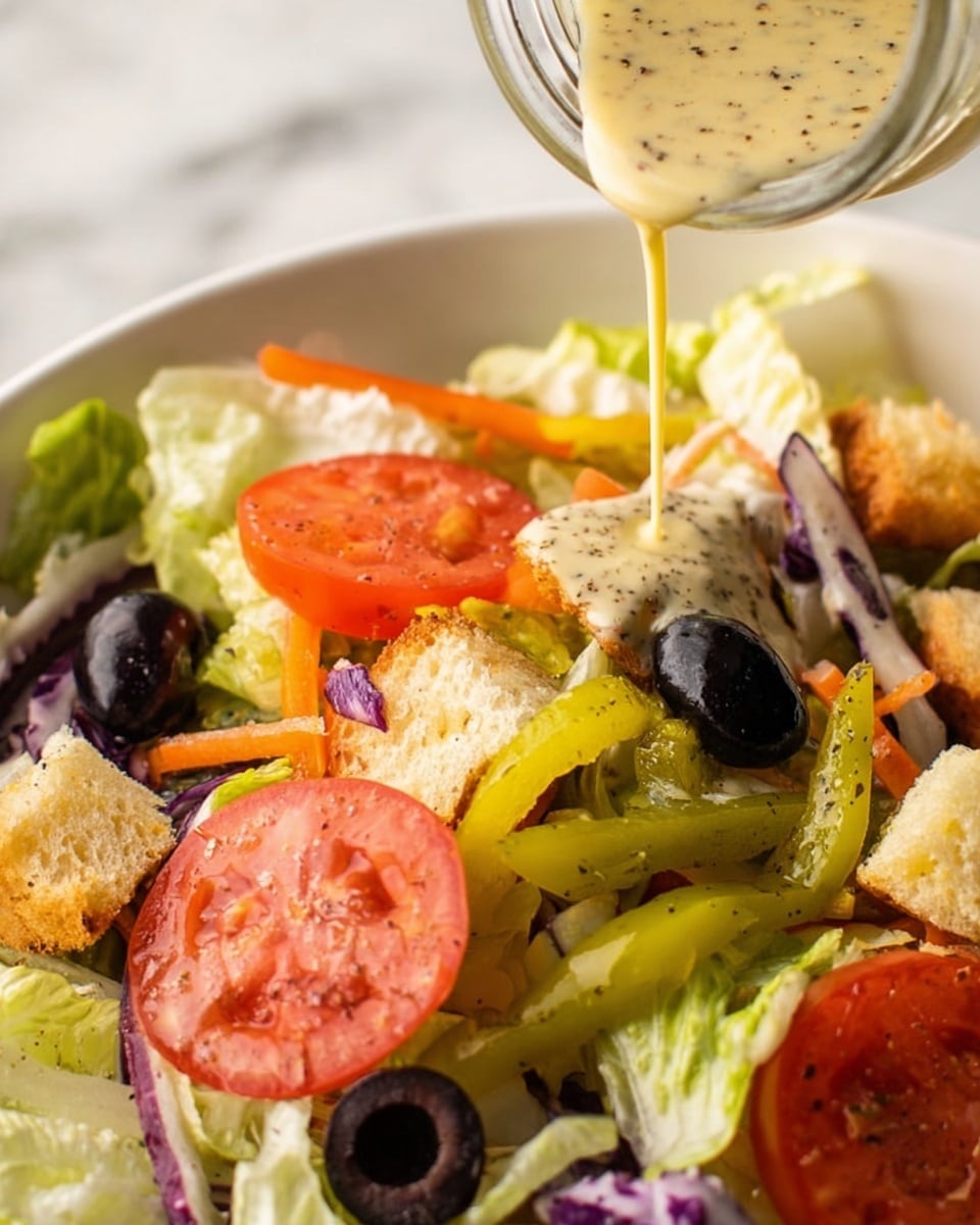 A close-up view of a fresh salad in a white bowl placed on a white marbled surface. The salad has a bottom layer of mixed iceberg and leafy lettuce, providing a light green and slightly crunchy texture. On top, there are circular slices of red tomatoes evenly placed, shiny black olives scattered around, and long yellow-green pepper slices. Golden-brown crispy croutons add a crunchy layer, with thin strips of orange carrots and some purple cabbage peeking through. A creamy, light yellow dressing with visible black pepper specks is being poured from a glass jar onto the salad, adding a smooth and rich element to the fresh vegetables. Photo taken with an iphone --ar 4:5 --v 7