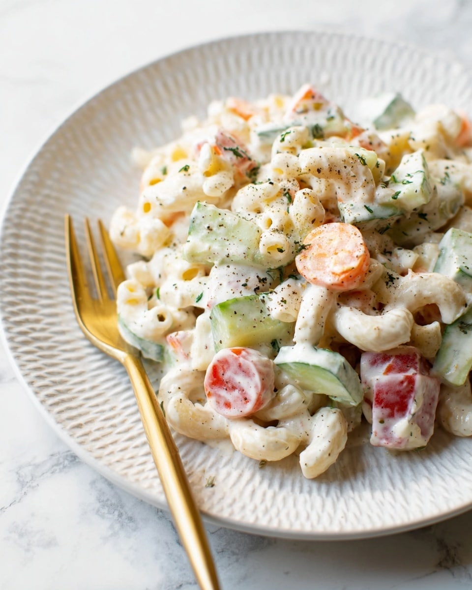 The image shows a clear glass bowl filled with a mixed pasta salad on a white marbled surface. The salad has several layers: the bottom layer is small elbow macaroni in pale yellow, mixed with small pieces of bright green cucumber and celery. On top, there are chunks of light pink tuna, halved red cherry tomatoes, and diced red bell pepper adding bright red colors. The entire salad is partially covered with a creamy white dressing speckled with green herbs, giving a thick and smooth texture. photo taken with an iphone --ar 4:5 --v 7