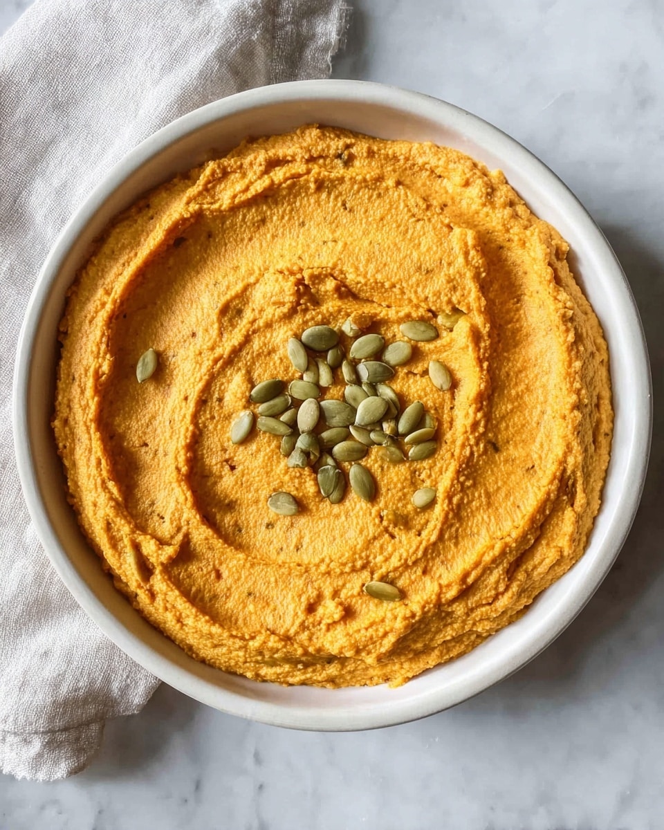 A round white bowl filled with a thick, smooth, and creamy orange spread that covers the entire inside evenly. The spread has a slightly textured surface with small peaks and gentle swirls, creating a soft, rustic look. In the center, there is a small cluster of green pumpkin seeds arranged loosely in a circular pattern, adding a touch of contrast and texture. The bowl sits on a white marbled surface with a soft, light-colored cloth placed near the top left edge. The lighting is natural, highlighting the vibrant color of the spread and the matte finish of the seeds. photo taken with an iphone --ar 4:5 --v 7