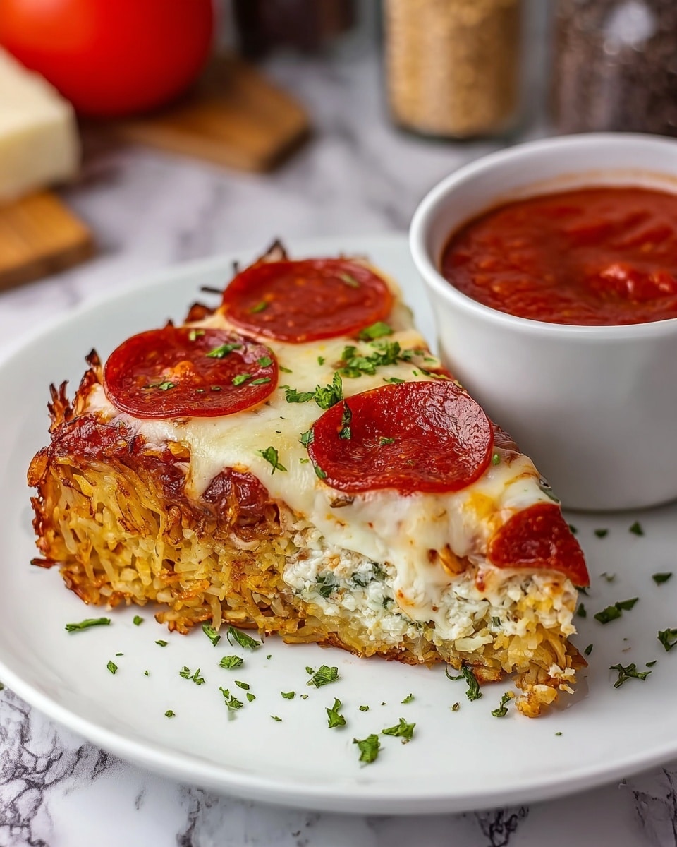 A slice of baked dish with three visible layers sits on a white plate with chopped green herbs sprinkled on top and around it. The bottom layer looks like a crispy, golden-brown crust made from shredded ingredients, followed by a creamy white middle layer mixed with small bits of green and brown. The top layer is covered with melted cheese and several round, red pepperoni slices arranged evenly, garnished with more green herbs. Next to the slice is a white cup filled with thick red tomato sauce that shows small bits of herbs and seasoning. The plate rests on a white marbled surface with some blurred kitchen items in the background. photo taken with an iphone --ar 4:5 --v 7