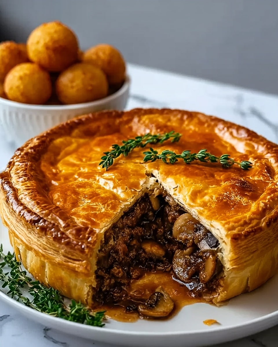 A golden-brown, round meat pie with a thick, flaky crust that has been cut open to show a rich, dark brown filling of minced meat and sliced mushrooms inside. The top crust is shiny and slightly puffed with visible layers of flaky pastry, and there are two sprigs of fresh green thyme placed on top of the pie. The pie sits on a white plate, with a few more thyme sprigs resting beside it. In the background, there is a slightly blurry white bowl filled with round, golden-brown fried balls on a white marbled surface. Photo taken with an iphone --ar 4:5 --v 7