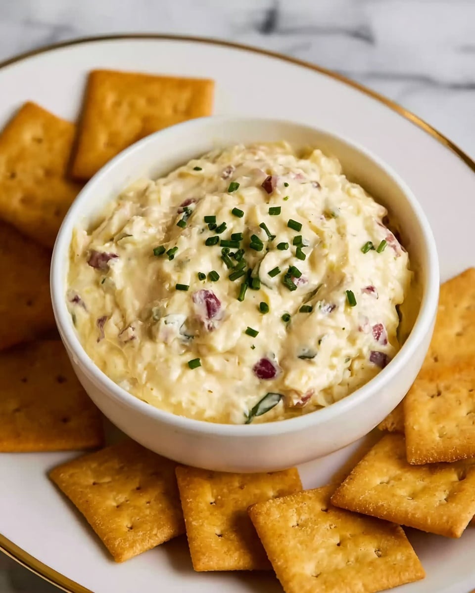 A white bowl filled with creamy, light yellow cheese dip mixed with small pieces of red onion and green herbs, topped with finely chopped chives. The bowl sits on a white plate with golden edge, surrounded by square, golden brown crackers. The background is a white marbled surface. photo taken with an iphone --ar 4:5 --v 7