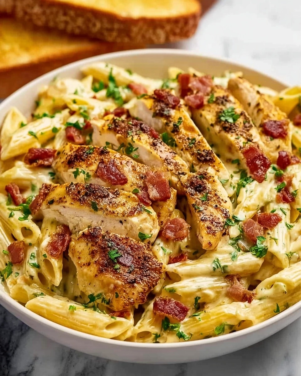 A white bowl filled with creamy penne pasta at the base, coated with a light yellow sauce. On top of the pasta, there are several golden-brown grilled chicken breast pieces seasoned with black pepper and herbs, arranged in a slightly overlapping manner. Scattered over the chicken and pasta are small bits of crispy reddish-brown bacon and fresh green parsley chopped finely, adding color contrast. In the background, there is a slice of toasted bread resting on a white marbled surface. photo taken with an iphone --ar 4:5 --v 7