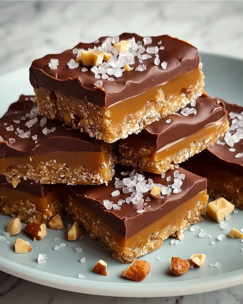 Four chocolate-covered bars are stacked on a white plate, each bar showing three layers: a bottom crunchy caramel nut layer with a golden-brown texture, a middle smooth milk chocolate layer with a shiny surface, and a top thick chocolate coating that is wavy and rich brown. The bars are topped with coarse white salt crystals and small chopped light brown nuts. Extra salt crystals and nut pieces are scattered around the plate. The background is a white marbled texture. photo taken with an iphone --ar 4:5 --v 7