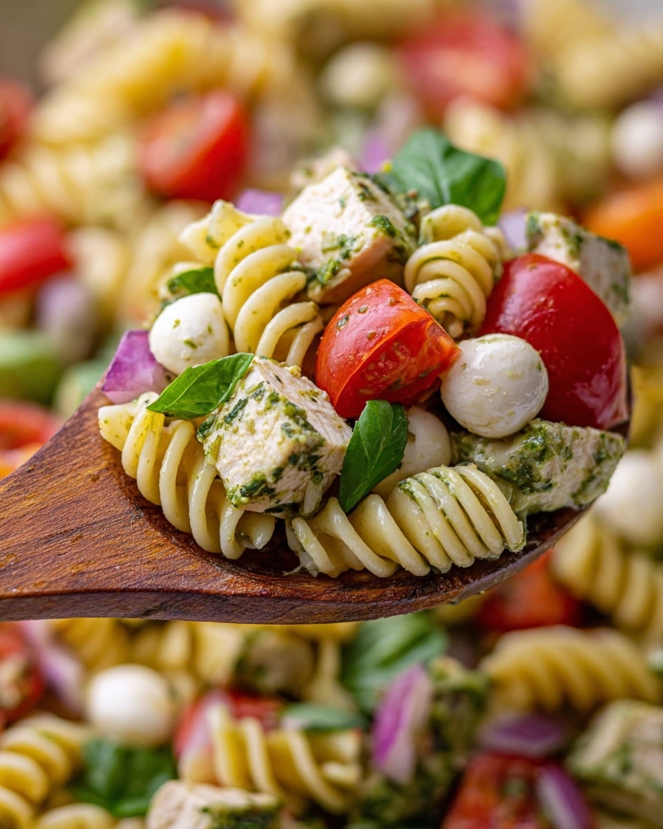 A close-up view of a wooden spoon holding a colorful pasta salad with three visible layers of ingredients: spiraled rotini pasta in light yellow at the bottom, bright red cherry tomato halves, fresh green basil leaves, and creamy white mozzarella balls scattered throughout, topped with cubes of green herb-coated chicken and small bits of purple onion; the background is filled with more pasta salad, all set on a white marbled textured surface. photo taken with an iphone --ar 4:5 --v 7