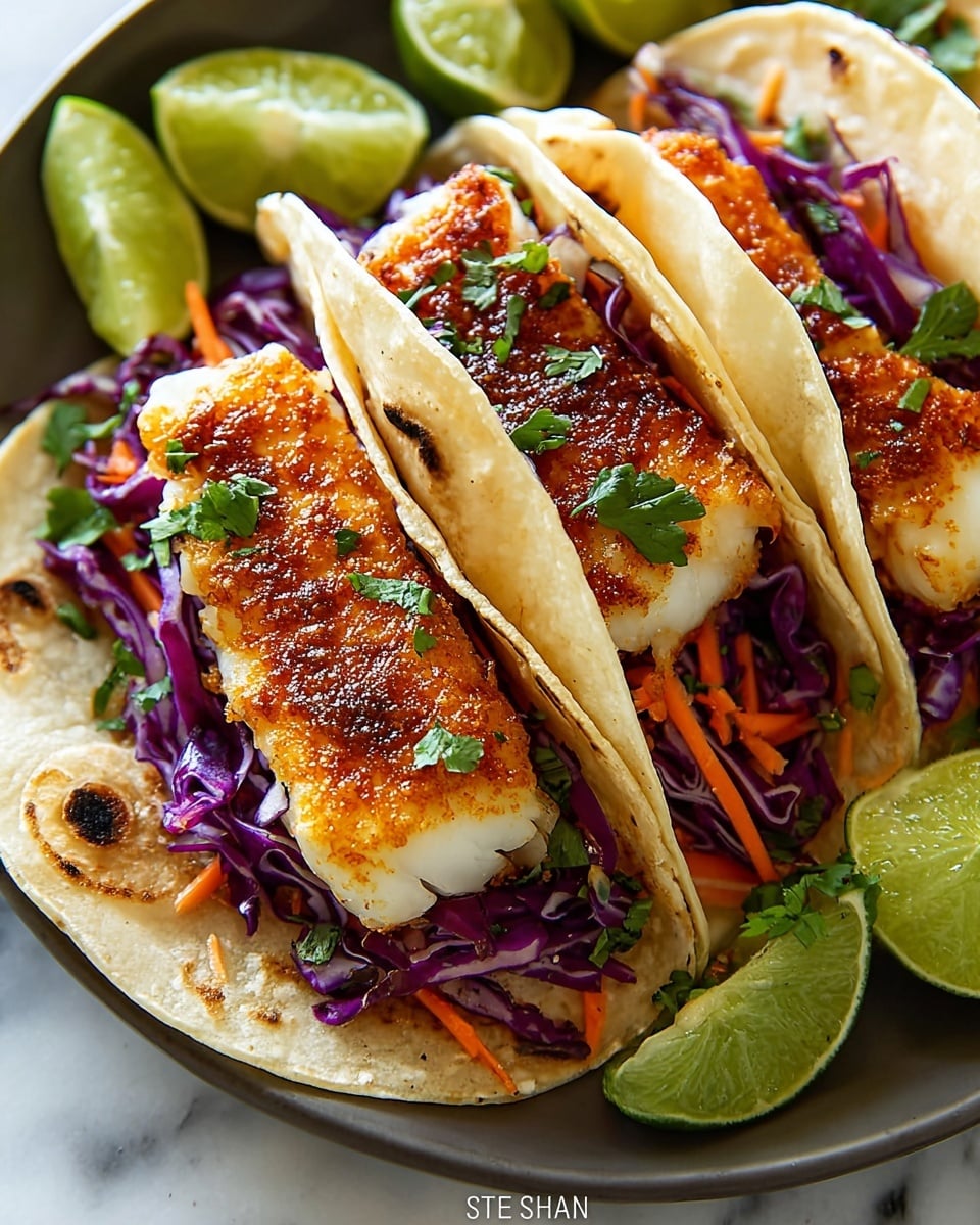 A close-up view of three fish tacos arranged side by side on a white plate, each taco having three layers: the bottom layer is a soft, light golden tortilla with slight char marks; the middle layer is a mix of shredded bright purple cabbage and thin carrot strips; the top layer is a thick piece of golden-brown grilled fish with a crispy crust sprinkled with small green cilantro leaves. Around the tacos, there are several lime wedges adding a fresh green contrast, all placed on a white marbled surface. photo taken with an iphone --ar 4:5 --v 7