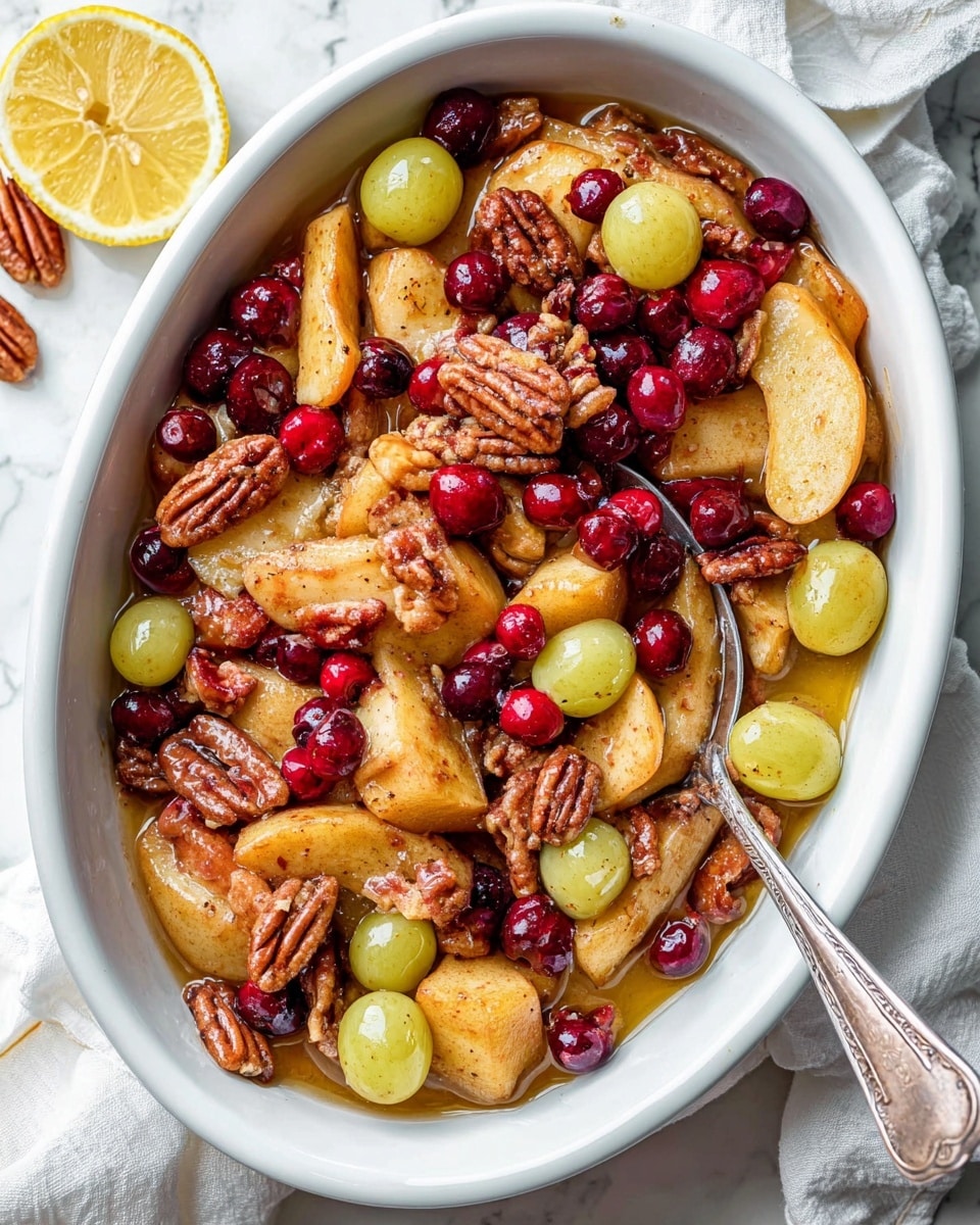 A white oval dish filled with a colorful mix of roasted fruit and nuts, showing two main layers: the bottom layer is mostly golden-brown roasted apple and pear slices with soft textures, mixed with light green whole grapes and small white pear chunks, all coated in a shiny glaze. The top layer includes large reddish-brown pecans and bright red dried cranberries scattered evenly, adding contrast in color and texture. A metal spoon rests inside the dish, slightly submerged in the glossy fruit juices with a few cranberries on it. The dish sits on a white marbled tabletop with a white cloth nearby and a partially cut lemon wedge at the corner. Photo taken with an iphone --ar 4:5 --v 7