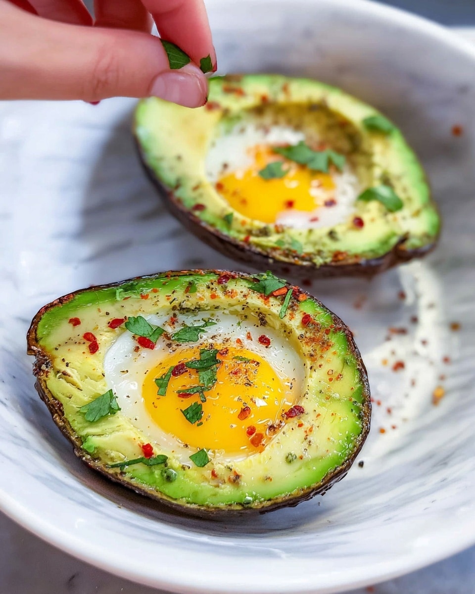 Two halves of a green avocado with dark brown skin sit on a white plate with a white marbled texture. Each avocado half has a cooked egg inside the hollow where the pit was, with bright yellow yolks and cooked white edges. The avocado flesh is smooth and creamy, bright green close to the edges and yellow-green near the egg. The eggs are sprinkled with small red chili flakes, black pepper, and chopped fresh green herbs. A woman's hand is pinching some herbs to add on top of one avocado half. Photo taken with an iphone --ar 4:5 --v 7