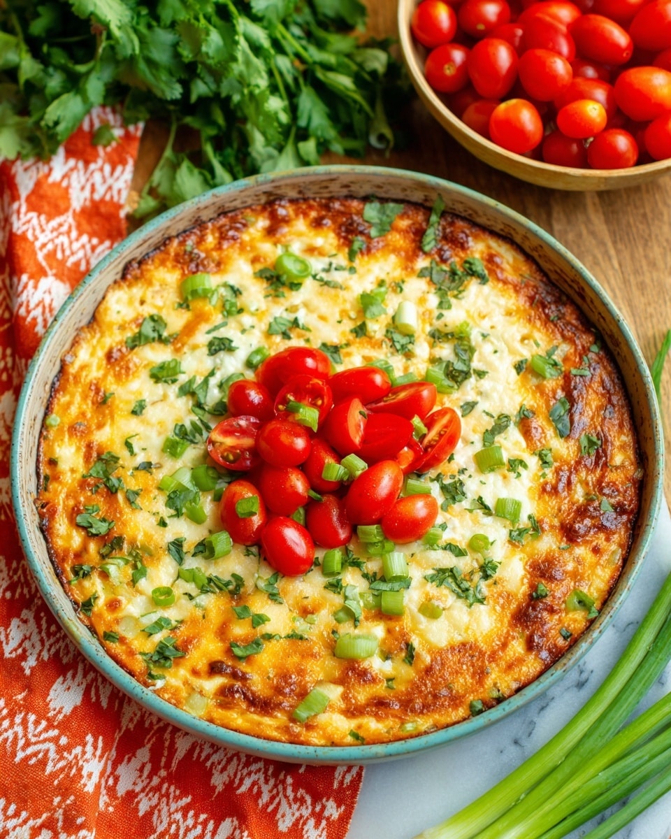 A round dish resting on a white marbled surface, filled with a baked layer of melted cheese that is golden brown and bubbly on top, sprinkled with chopped green herbs and small green onion pieces. In the center, there is a pile of bright red, fresh halved cherry tomatoes adding a pop of color. The edges of the cheese layer show some toasted spots, giving it a crispy texture. Around the dish, there are fresh green onions and a bunch of leafy herbs, with a bowl full of shiny whole cherry tomatoes in the background. The dish sits partly on a textured orange cloth with white patterns. Photo taken with an iphone --ar 4:5 --v 7