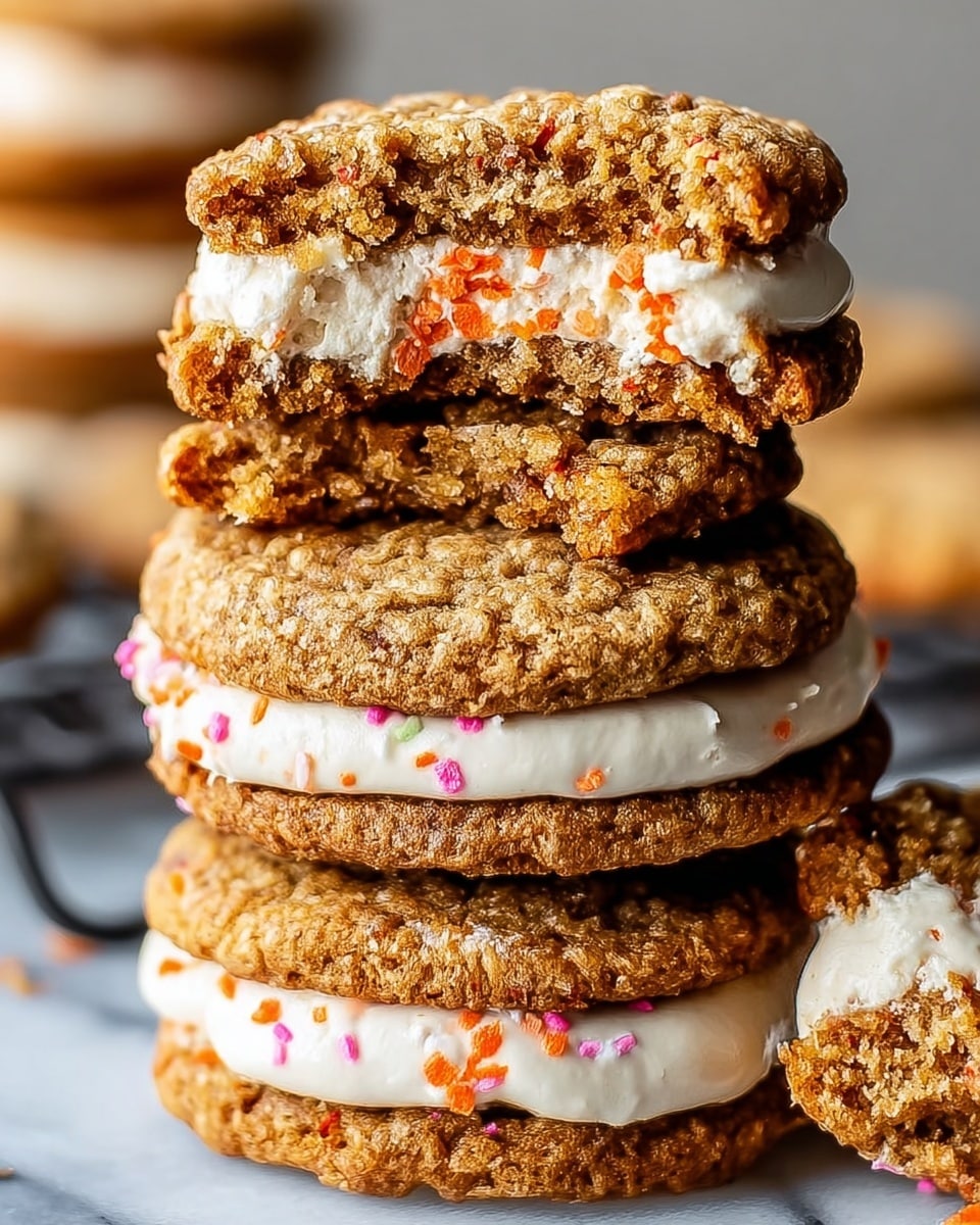 A close-up of a stack of four sandwich cookies on a white marbled surface, each sandwich having two thick, textured brown cookies with small orange and white pieces inside, filled with a thick layer of white cream speckled with small orange and a few pink bits in between; the top cookie shows a bite taken out, revealing the creamy filling and crumbly texture inside. Photo taken with an iphone --ar 4:5 --v 7