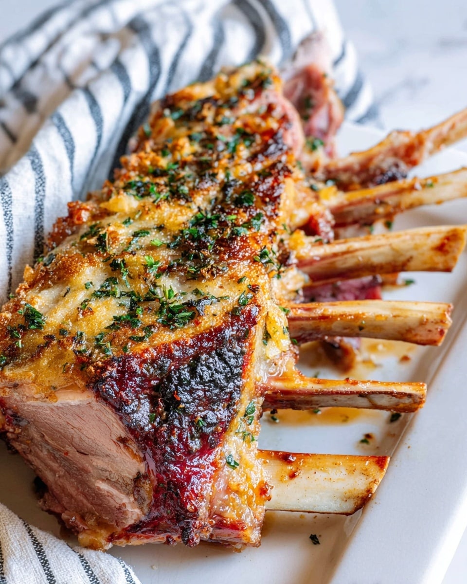 A close-up of a cooked rack of lamb with seven ribs visible, placed on a white rectangular plate. The top layer is golden brown with crispy bits and sprinkled green herbs. The lamb racks show a mixture of browned and slightly pink meat, covered with a glaze that makes the surface shiny. The bones are clean at the tips, pointing outward, with some charred spots. A white and navy striped cloth is partly visible in the top left corner, all set on a white marbled texture surface. Photo taken with an iphone --ar 4:5 --v 7